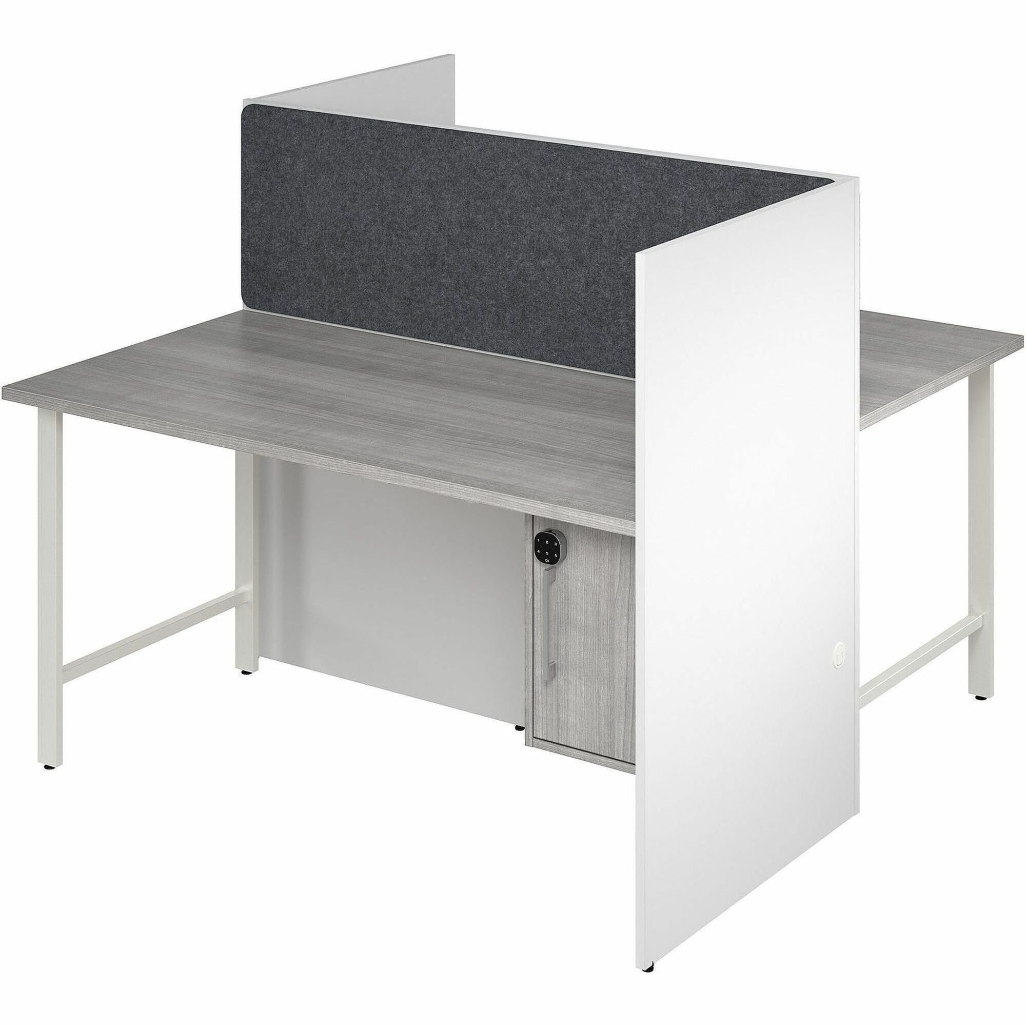Bush Business Furniture Hustle Collection Desk, 1 Each, 1" Thick, 48"H x 59"W x 30"D, 1 Adjustable Shelf, Locking Storage, Melamine Top, Dual Color (White/Gray/Platinum Gray), USB & AC Power, Wire Management