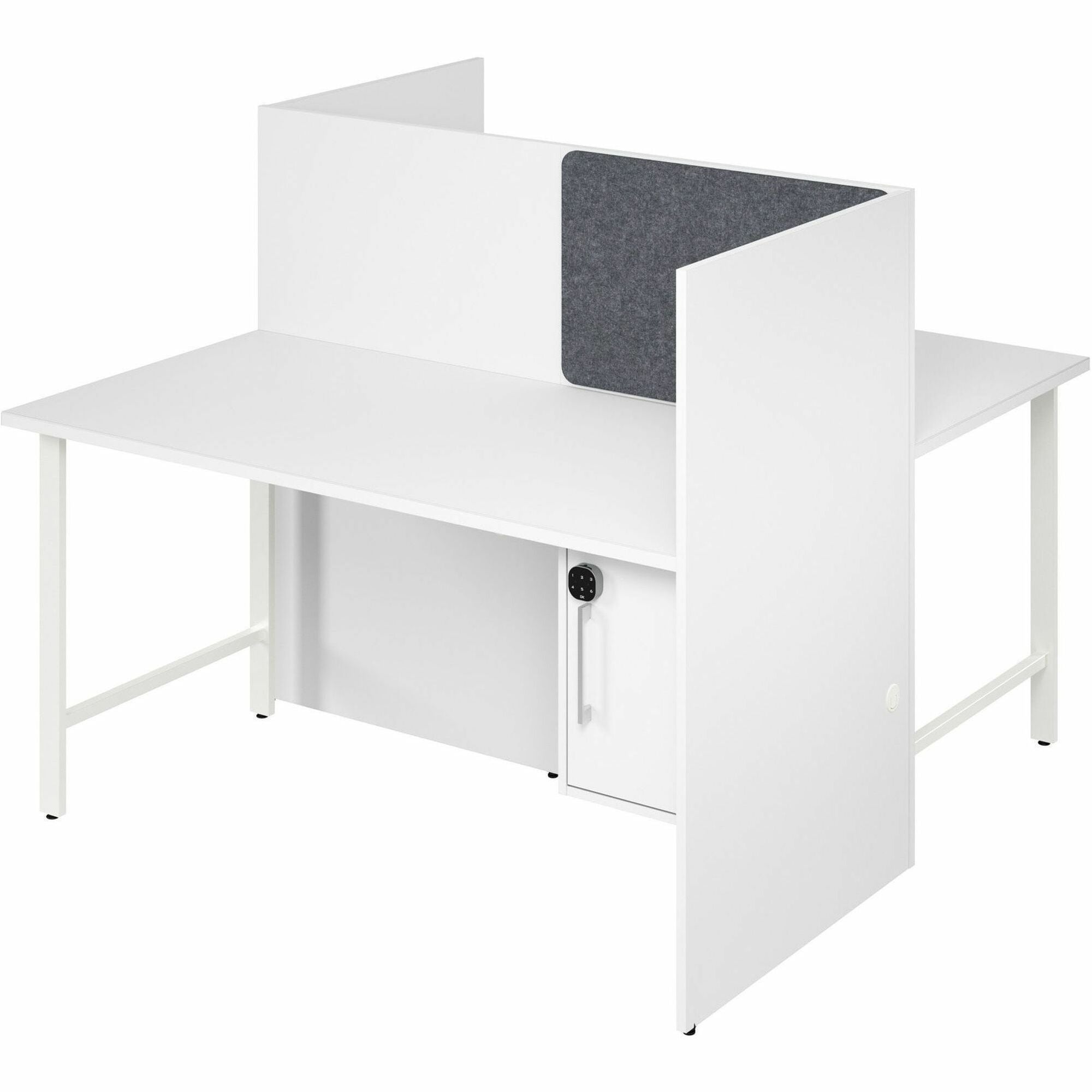 Bush Business Furniture Hustle Collection Desk, 48"H x 59"W x 30"D, White, Melamine Top, 1 Adjustable Shelf, Lockable Storage Cabinet, USB & AC Power Outlets, Wire Management, Includes Tackboard, 1 Each