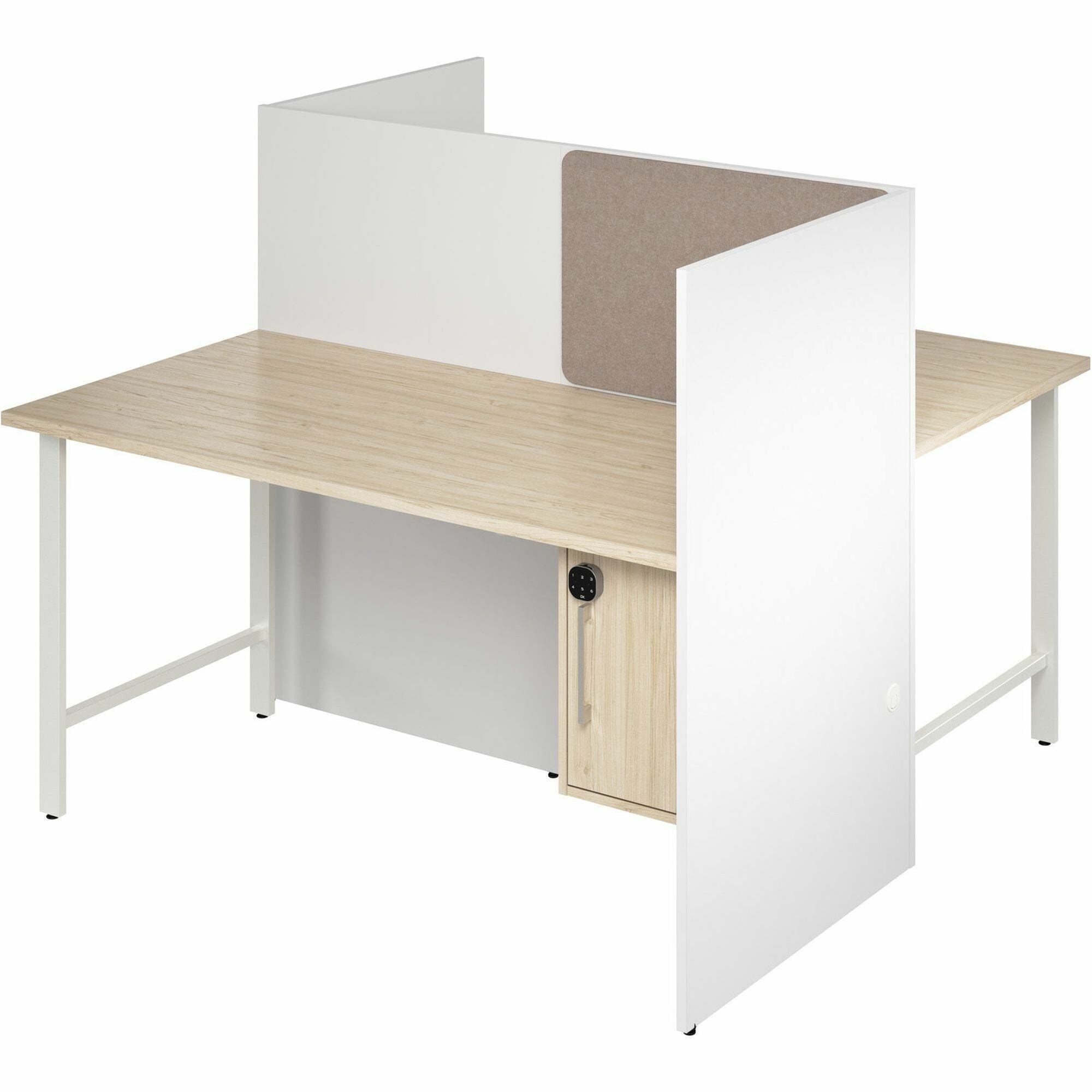 Bush Business Furniture Hustle Collection Desk, 48"H x 59"W x 30"D, 1 Adjustable Shelf, Melamine Top, Lockable Storage, White/Natural Elm Finish, USB & AC Power, Wire Management, 1 Each
