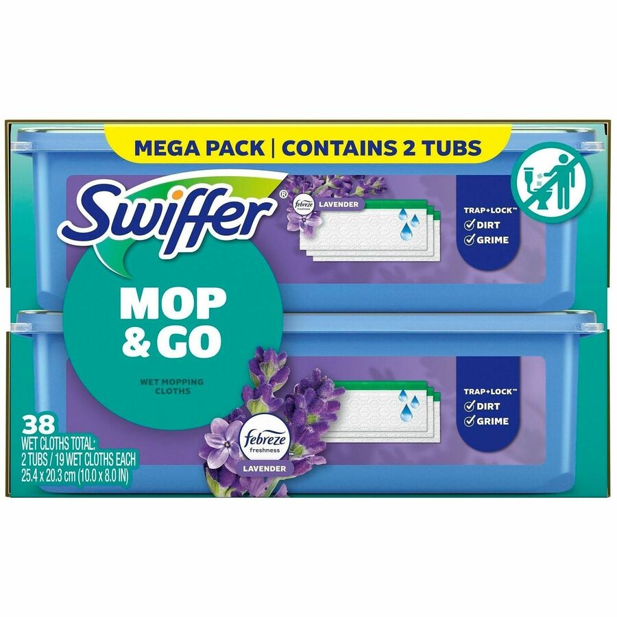 Swiffer Sweeper Wet Mop Cloths, Lavender Scent, Textured, Blue, 8" x 10", 19 Cloths per Pack, 2 Packs per Carton