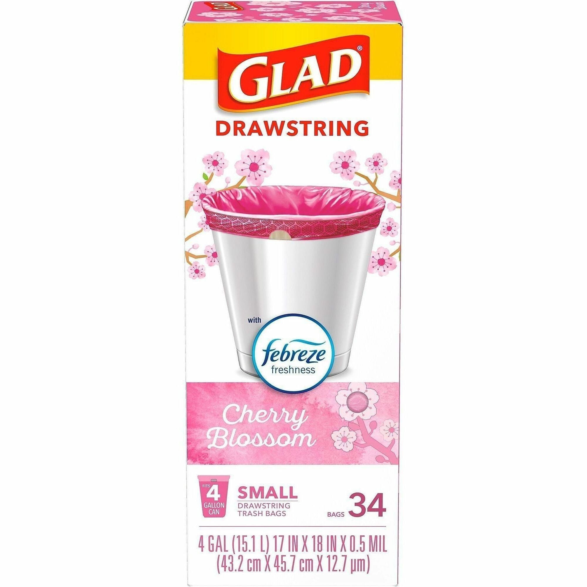 Glad OdorShield Cherry Blossom Scented Trash Bags, Small, 4 Gallon, 18" x 17", Drawstring Closure, Pink, 34 Bags per Box