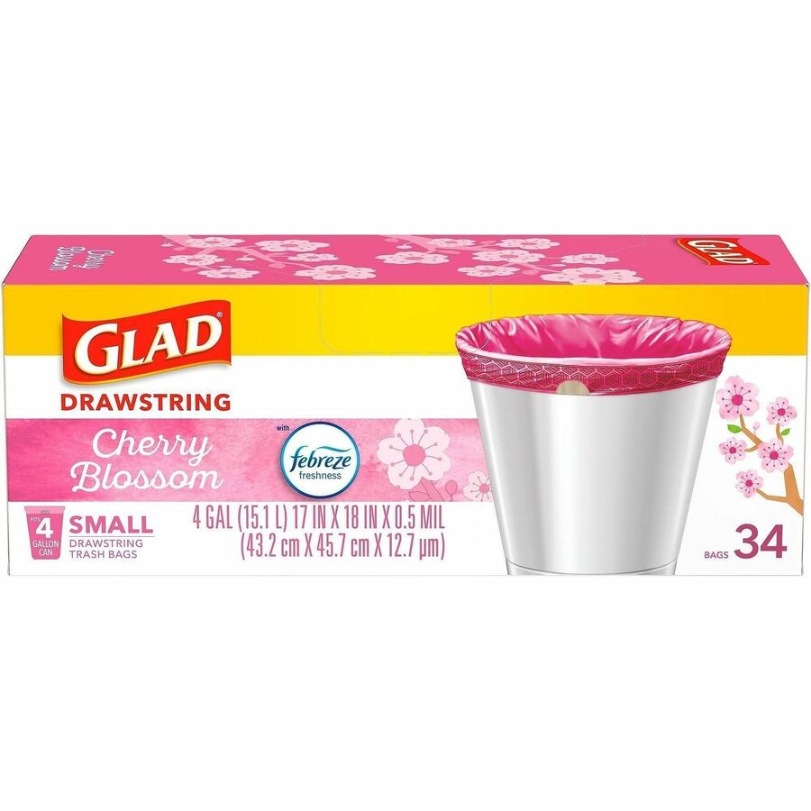 Glad OdorShield Cherry Blossom Scented Trash Bags, Small, 4 Gallon, 18" x 17", Drawstring Closure, Pink, 34 Bags per Box