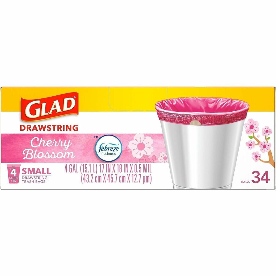 Glad OdorShield Cherry Blossom Scented Trash Bags, Small, 4 Gallon, 18" x 17", Drawstring Closure, Pink, 34 Bags per Box
