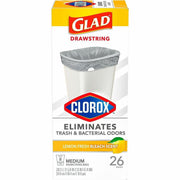 Glad Medium Drawstring Trash Bags, Lemon Fresh Bleach Scent, 8 Gallon, White, Drawstring Closure, 26 Bags