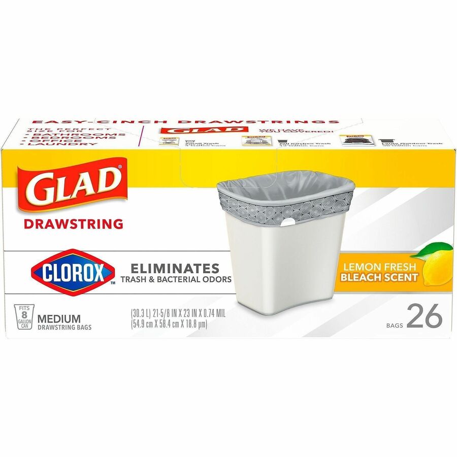 Glad Medium Drawstring Trash Bags, Lemon Fresh Bleach Scent, 8 Gallon, White, Drawstring Closure, 26 Bags