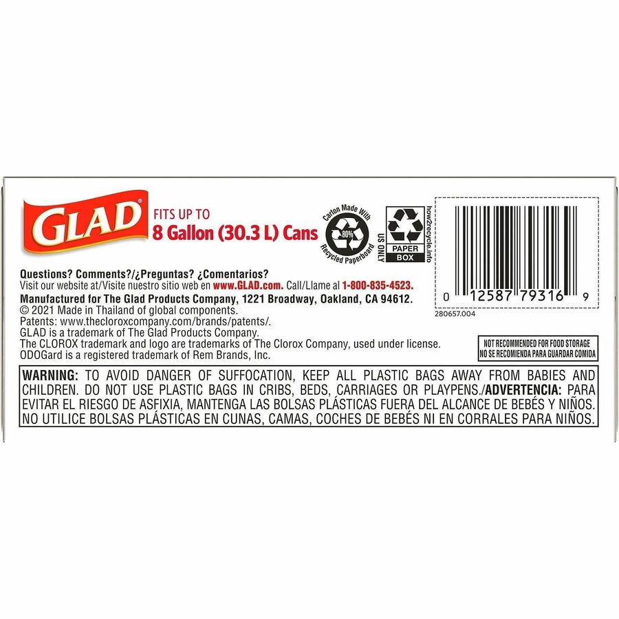 Glad Medium Drawstring Trash Bags, Lemon Fresh Bleach Scent, 8 Gallon, White, Drawstring Closure, 26 Bags