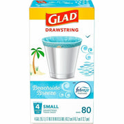 Glad OdorShield Drawstring Trash Bags, Beachside Breeze Scent, Small 4 Gallon, 18" x 17" x 0.50 mil, White, 80 Bags