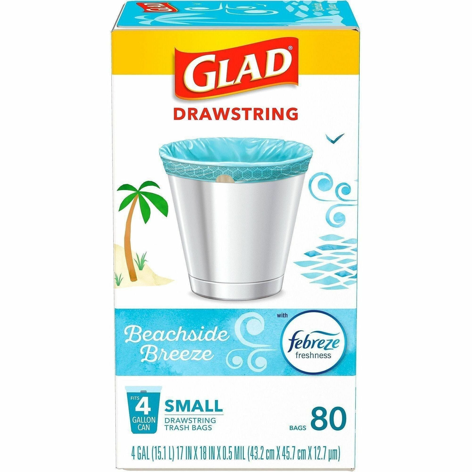 Glad OdorShield Drawstring Trash Bags, Beachside Breeze Scent, Small 4 Gallon, 18" x 17" x 0.50 mil, White, 80 Bags