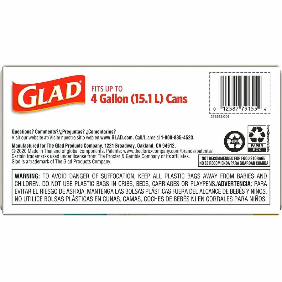 Glad OdorShield Drawstring Trash Bags, Beachside Breeze Scent, Small 4 Gallon, 18" x 17" x 0.50 mil, White, 80 Bags