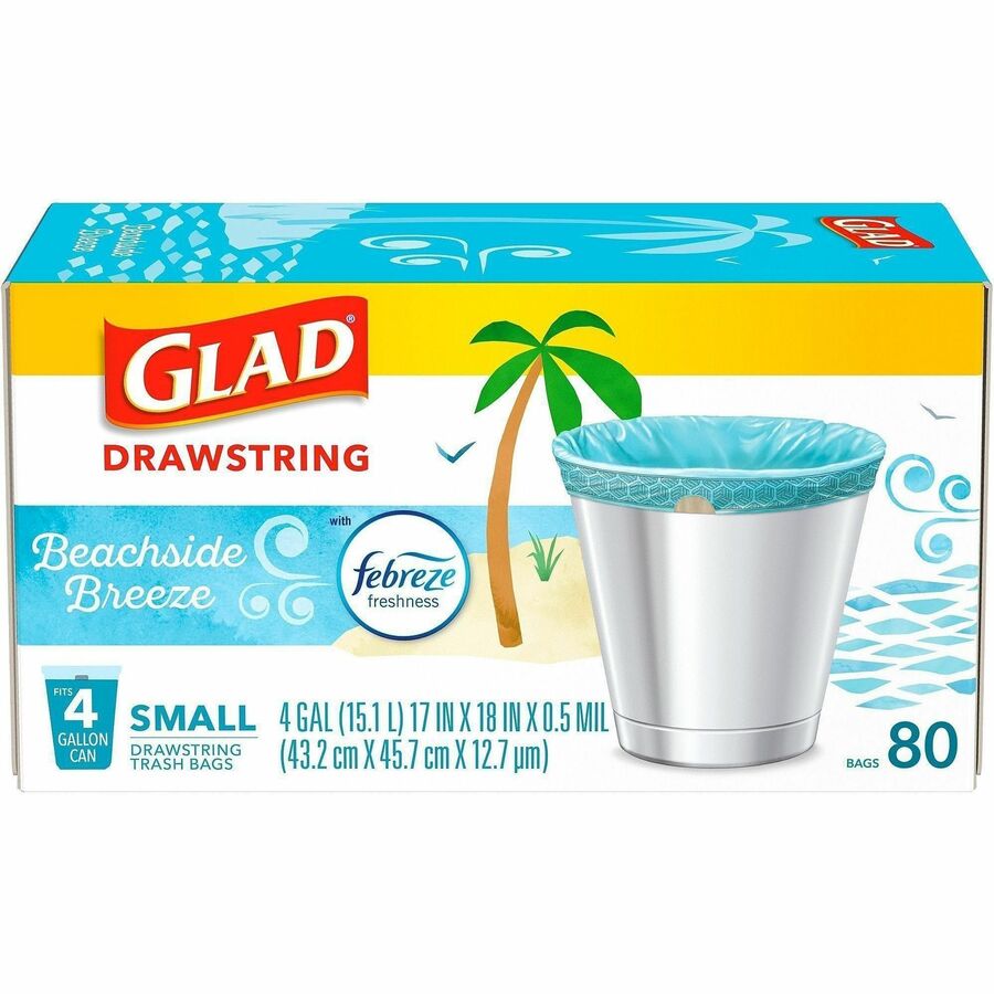 Glad OdorShield Drawstring Trash Bags, Beachside Breeze Scent, Small 4 Gallon, 18" x 17" x 0.50 mil, White, 80 Bags