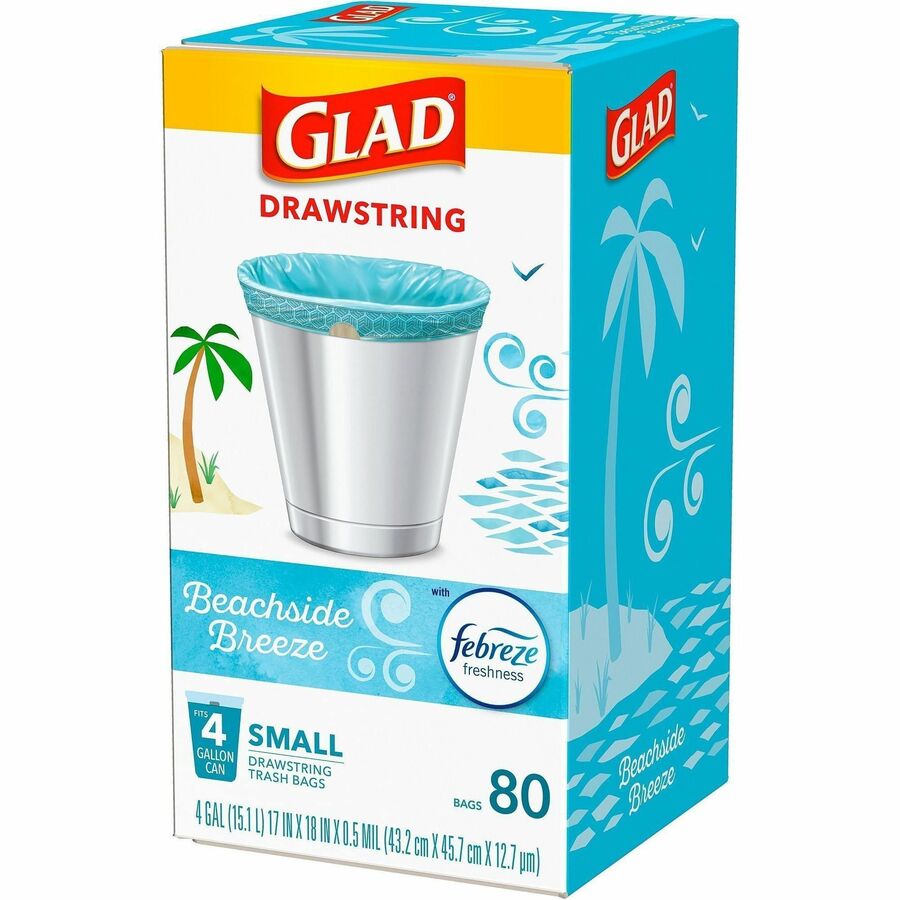 Glad OdorShield Drawstring Trash Bags, Beachside Breeze Scent, Small 4 Gallon, 18" x 17" x 0.50 mil, White, 80 Bags