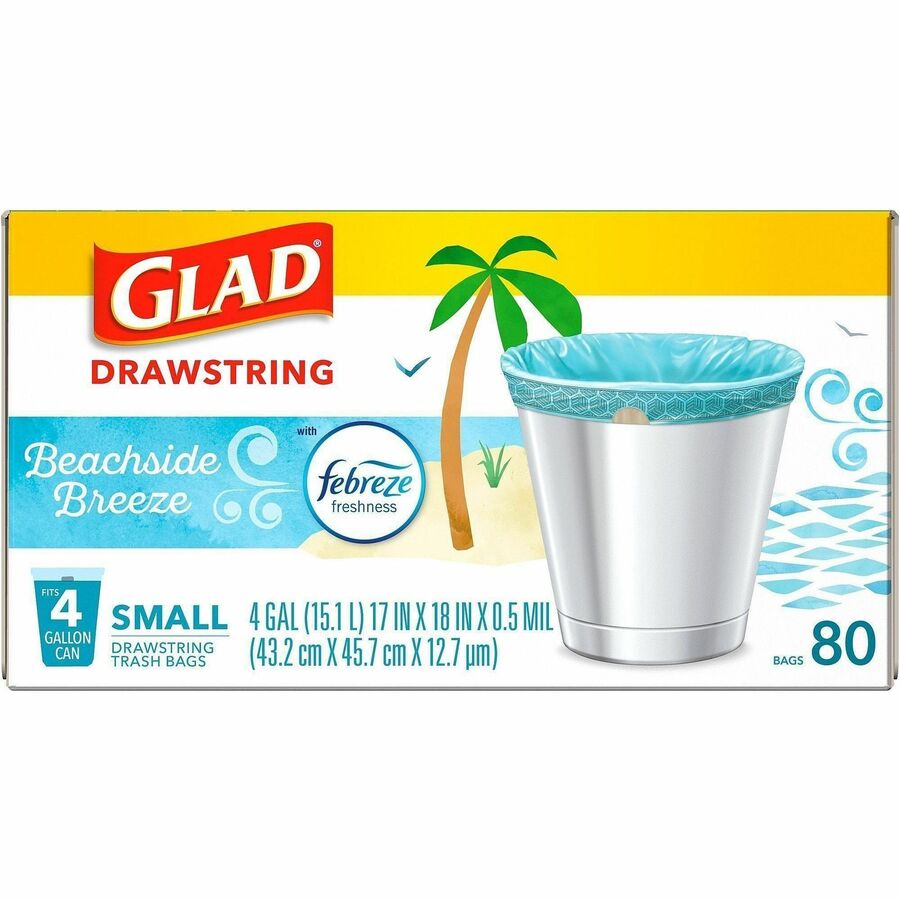 Glad OdorShield Drawstring Trash Bags, Beachside Breeze Scent, Small 4 Gallon, 18" x 17" x 0.50 mil, White, 80 Bags
