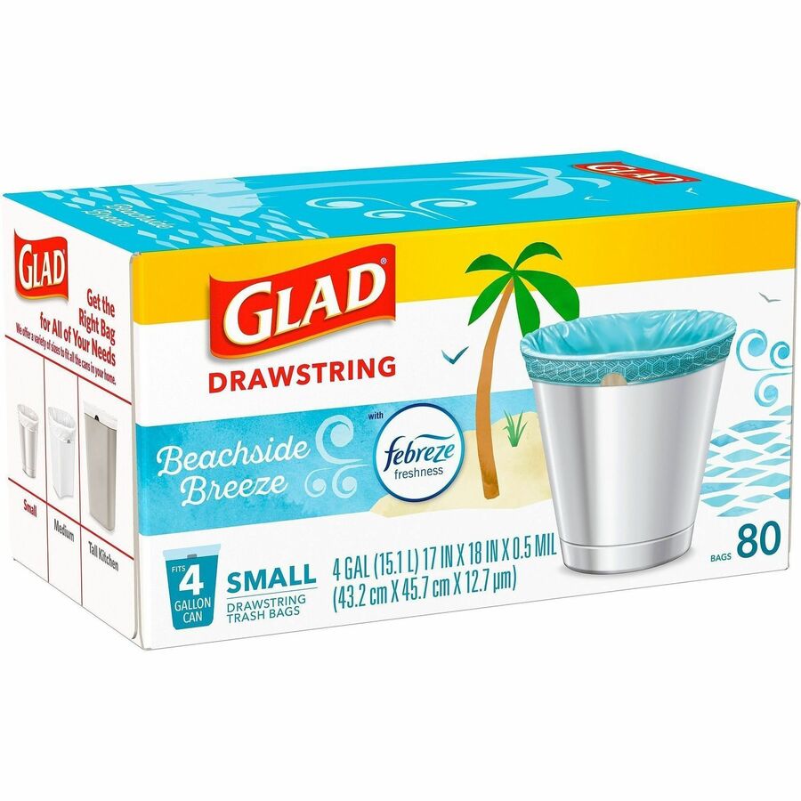 Glad OdorShield Drawstring Trash Bags, Beachside Breeze Scent, Small 4 Gallon, 18" x 17" x 0.50 mil, White, 80 Bags