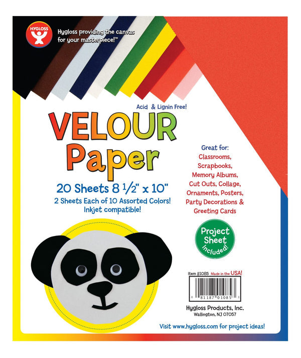 Velour Paper - 20 shts, 8.5"x10", 2 ea of 10 asst'd colors