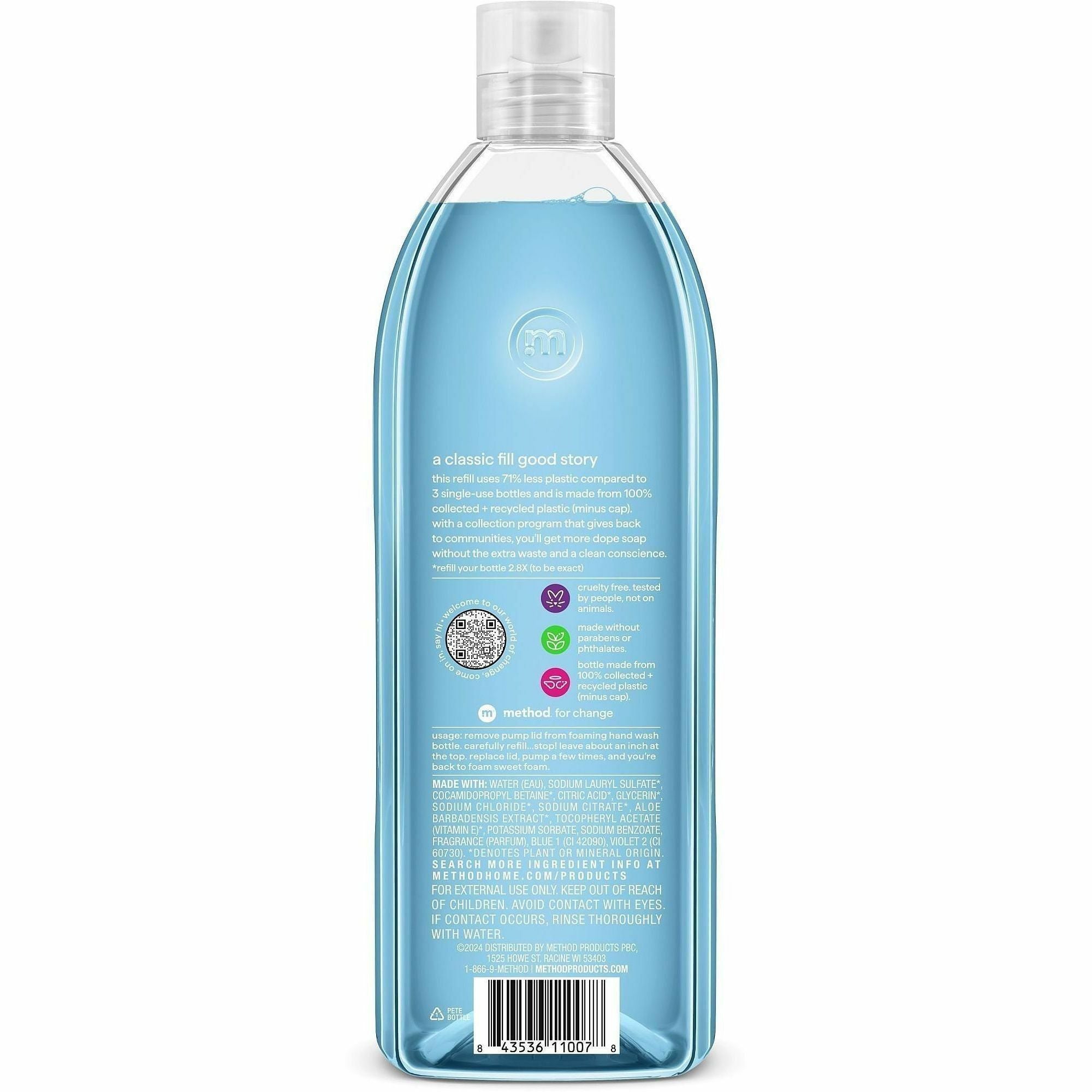 Method Waterfall Foaming Hand Wash Refill, Waterfall Scent, 28 fl oz, Blue, Cruelty-free, Paraben-free, Phthalate-free, Scented, 4/Carton