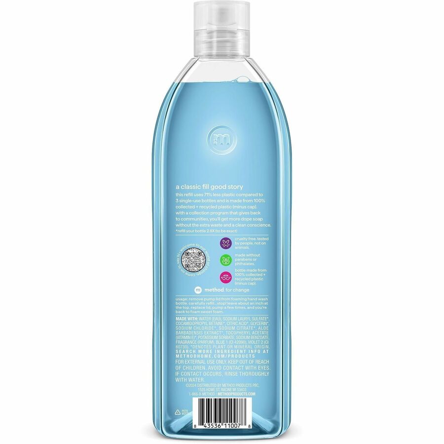 Method Waterfall Foaming Hand Wash Refill, Waterfall Scent, 28 fl oz, Blue, Cruelty-free, Paraben-free, Phthalate-free, Scented, 4/Carton