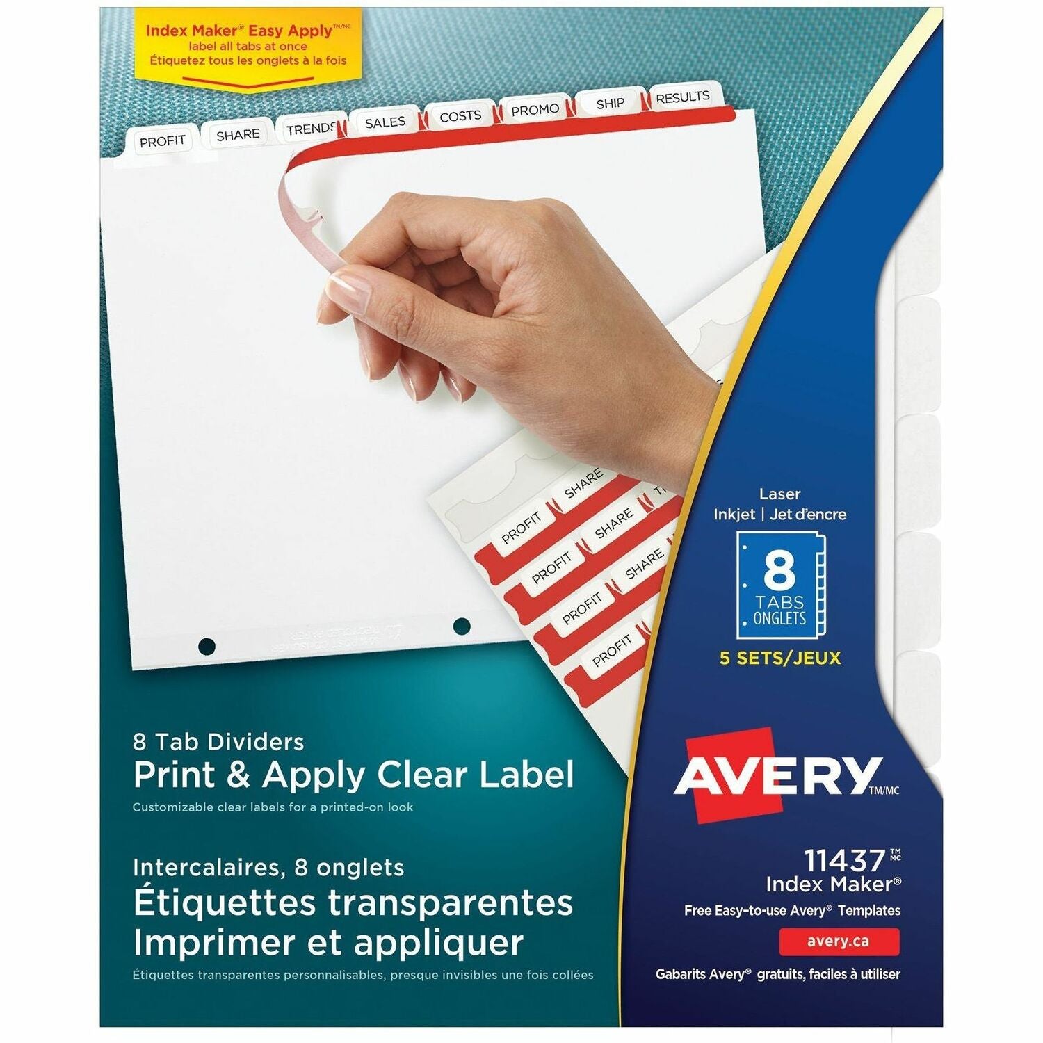 Avery Print & Apply Clear Label Dividers, 40 Dividers, 8 Tabs/Set, Letter Size, 3-Hole Punched, White Tabs, 1 Pack