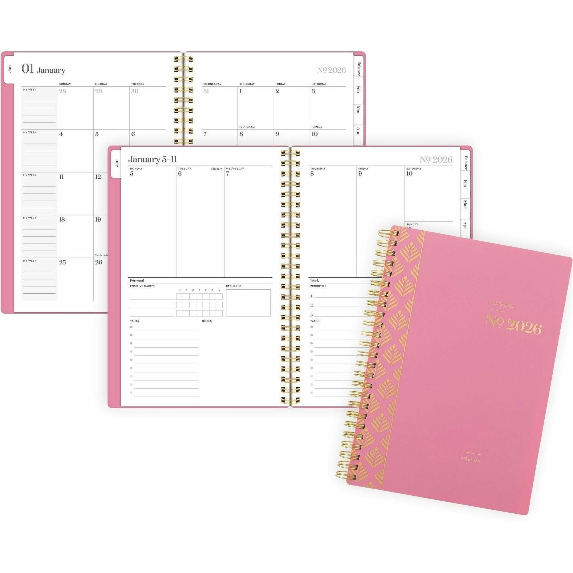 Cambridge WorkStyle Focus Planner, Weekly/Monthly, 12-Month, Jan-Dec 2026, 5.5" x 8.5", Twin Wire, Cosmetic Pink Poly Cover, Tabbed, Double-Sided Pocket, Sticker Sheet, 1 Each