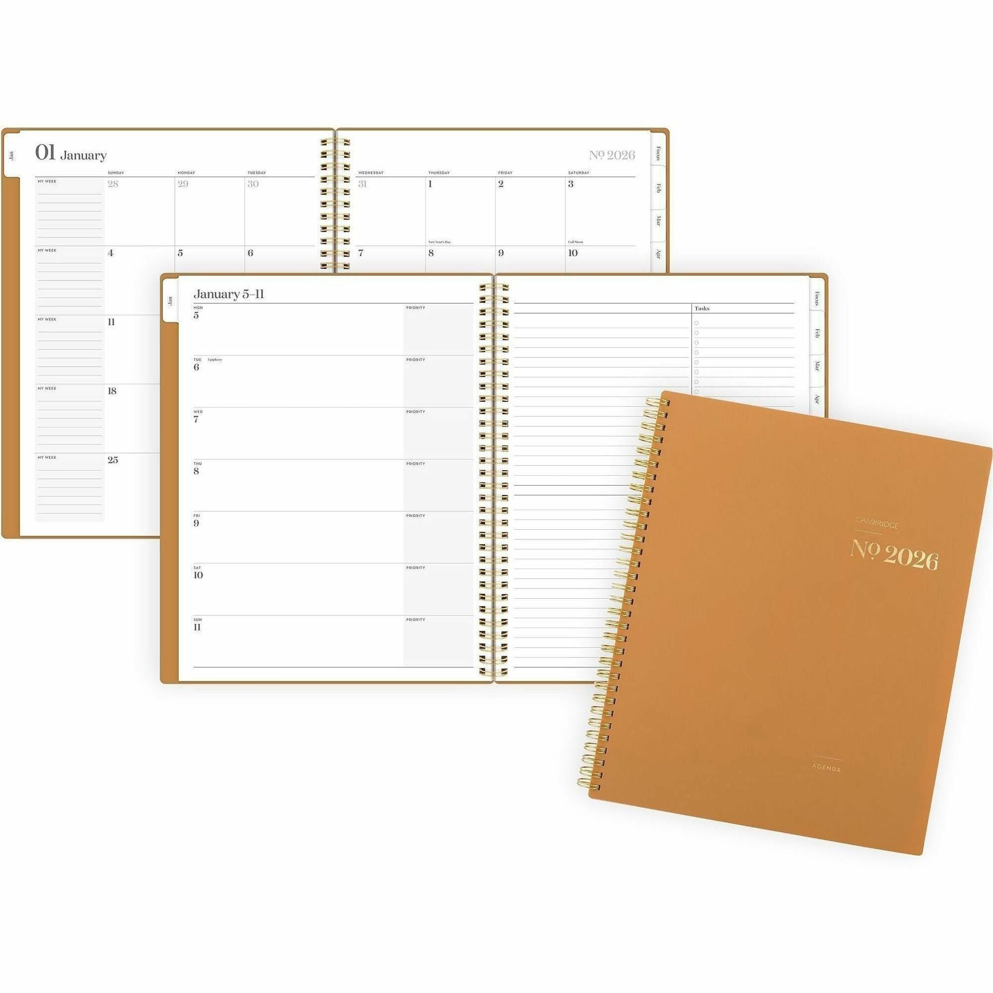 Cambridge WorkStyle Focus Planner, Weekly/Monthly, 12 Months (Jan-Dec 2026), Letter Size 8.5" x 11", Twin Wire, Sunbaked Clay Poly Cover, Tabbed, Double-Sided Pocket, Sticker Sheet, 1 Each