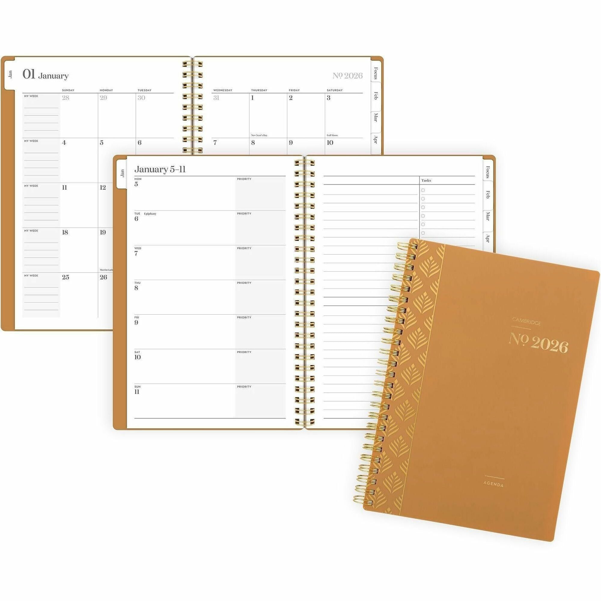 Cambridge WorkStyle Focus Planner, Weekly/Monthly, 12 Months, Jan-Dec 2026, 5.5" x 8.5", Twin Wire, Sunbaked Clay Poly Cover, Tabbed, Double-Sided Pocket, Sticker Sheet, 1 Each