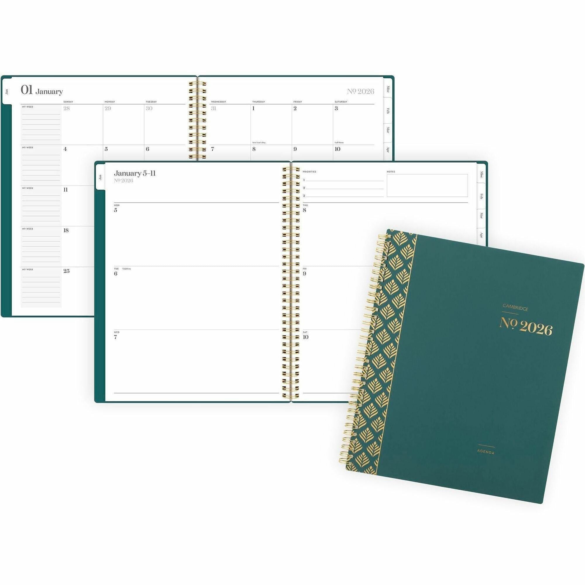 Cambridge WorkStyle Focus Planner, Weekly/Monthly, 12 Months, Jan-Dec 2026, Letter Size 8.5" x 11", Twin Wire, Teal Poly Cover, Tabbed, Double-Sided Pocket, Sticker Sheet, 1 Each