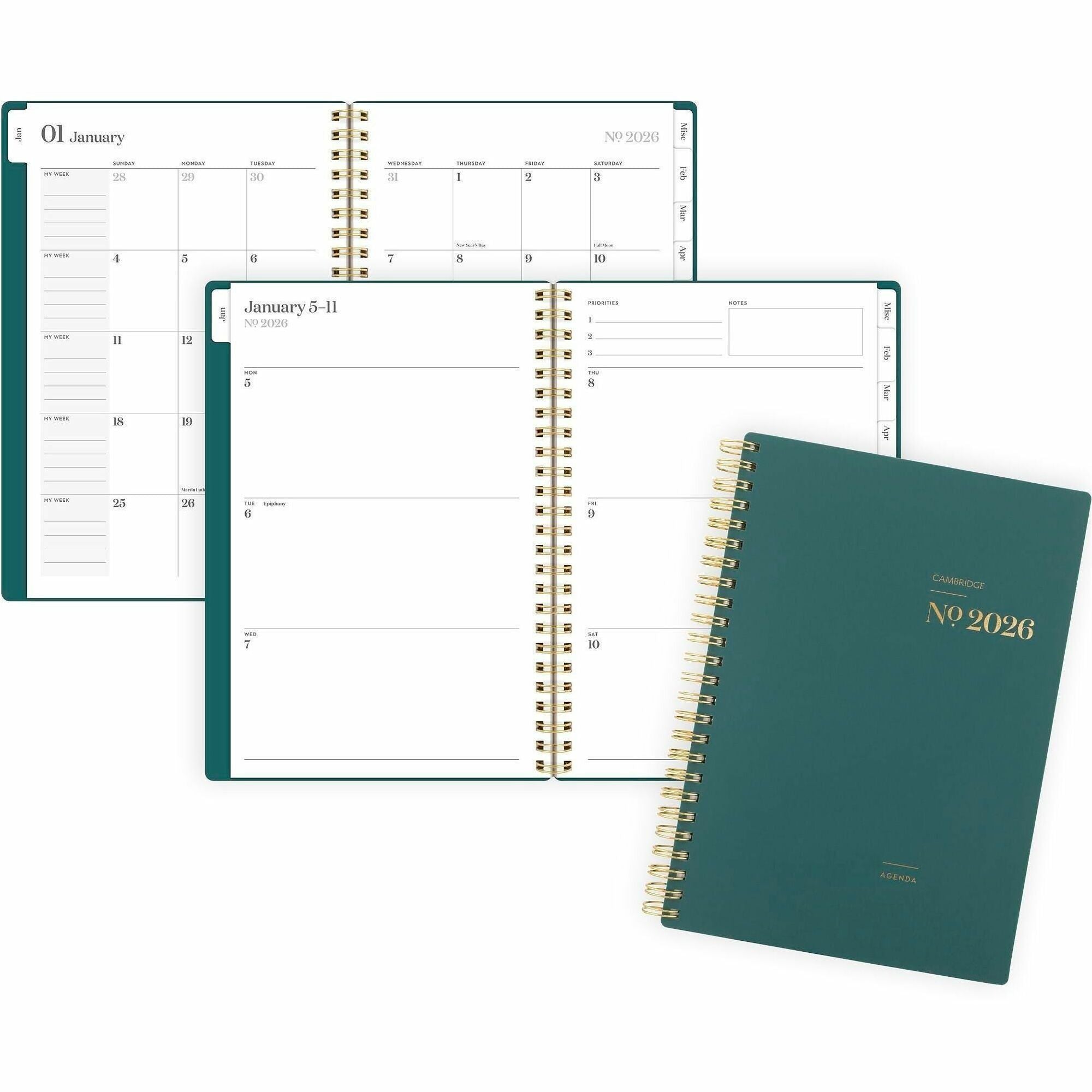 Cambridge WorkStyle Focus Planner, Weekly/Monthly, 12-Month, Jan-Dec 2026, 5.5" x 8.5", Twin Wire, Teal Poly Cover, Tabbed, Double-Sided Pocket, Sticker Sheet, 1 Each