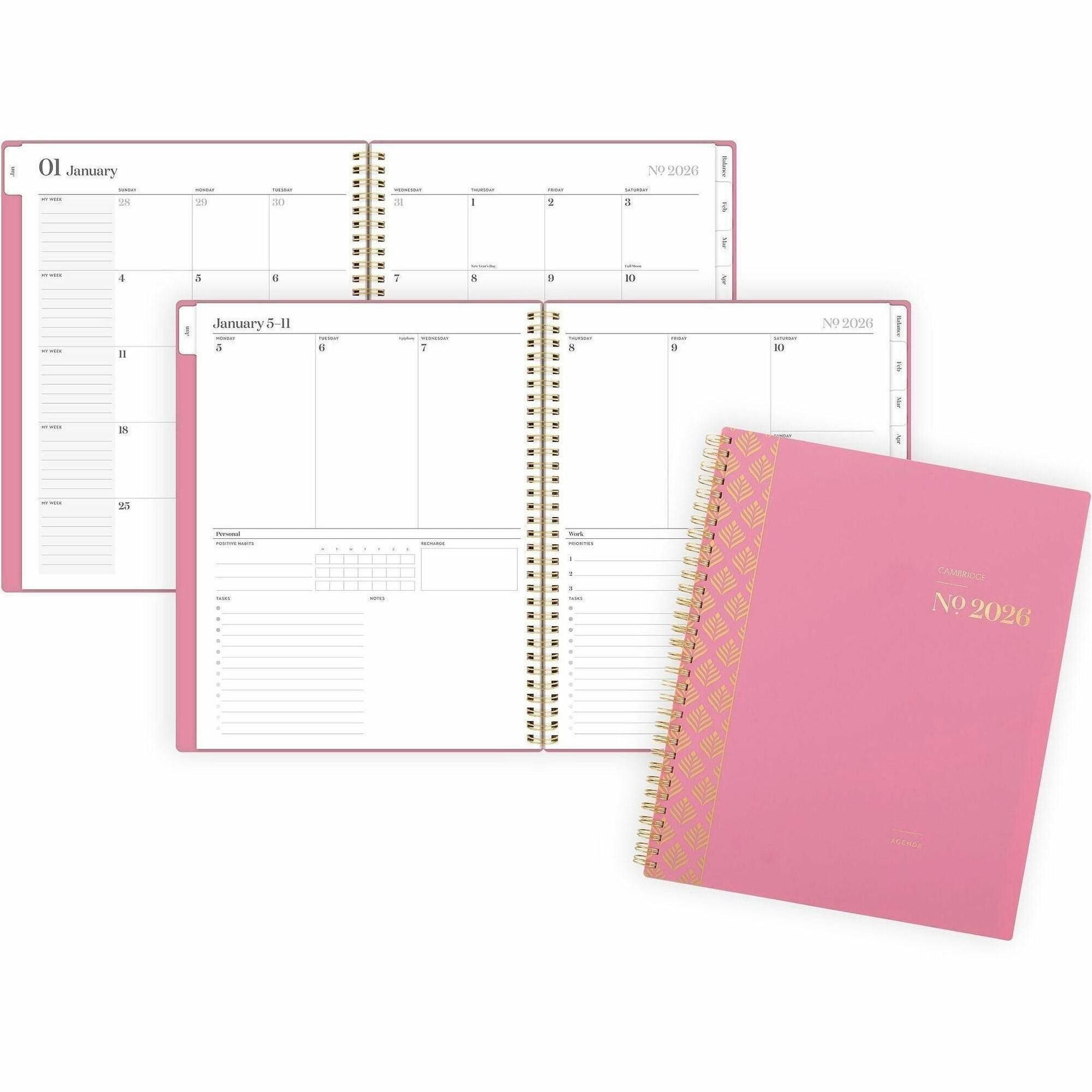 Cambridge WorkStyle Focus Planner, Weekly/Monthly, 12 Months, Jan-Dec 2026, Letter Size 8.5" x 11", Twin Wire, Cosmetic Pink Poly Cover, Tabbed, Double-Sided Pocket, Sticker Sheet, 1 Each