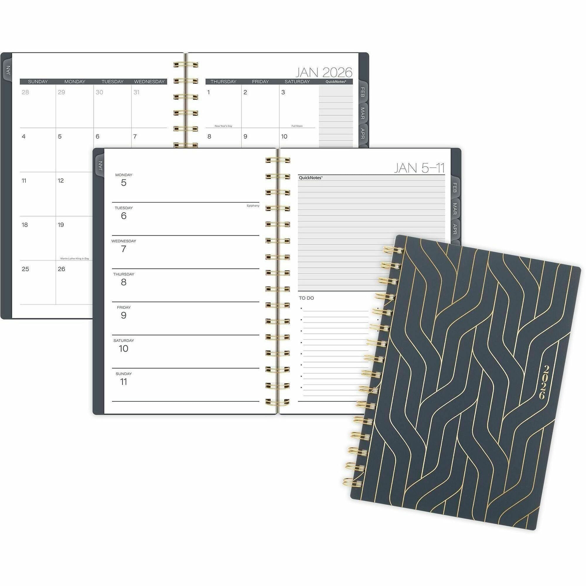 At-A-Glance Hera Weekly Monthly Planner, 12 Months, Jan-Dec 2026, 5.5" x 8.5", Twin Wire, Black/Gold, Poly Cover, Tabbed, Double-Sided Pocket, Note Page, Sticker Sheet, 1 Each