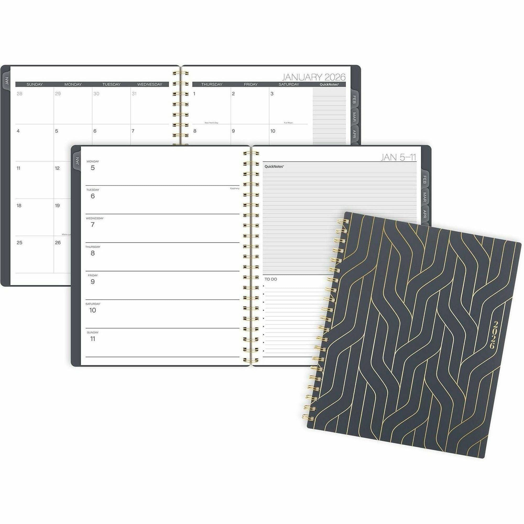 At-A-Glance Hera Weekly Monthly Planner, 12 Months, January 2026–December 2026, 8.5" x 11", Twin Wire, Black/Gold Poly Cover, Tabbed, Double-Sided Pocket, Note Page, Sticker Sheet, 1 Each