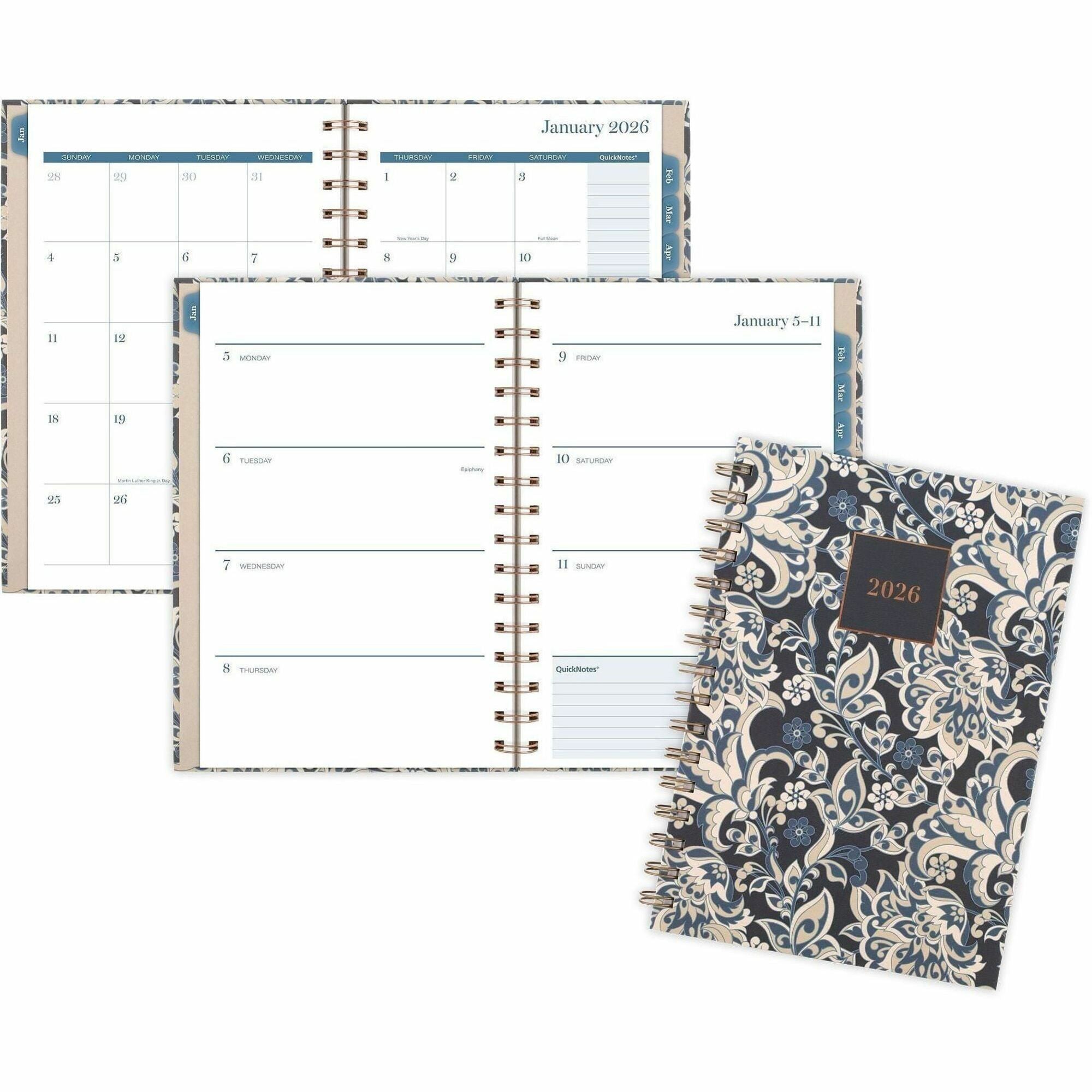 At-A-Glance Elizabeth Weekly Monthly Planner, 12 Months, Jan-Dec 2026, 5.5" x 8.5", Twin Wire, Blue/White Floral, Hard Cover, 1 Each