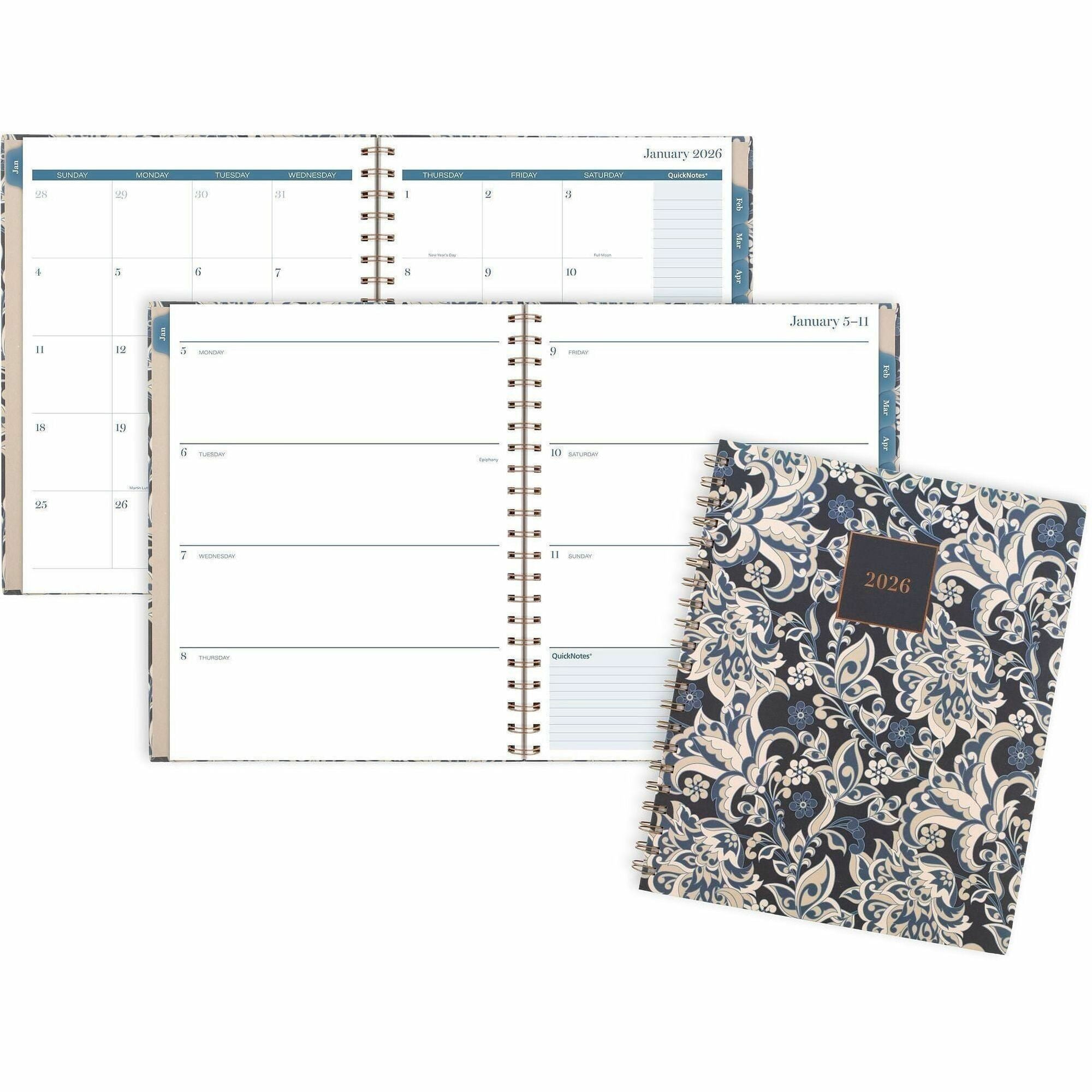 At-A-Glance Elizabeth Weekly Monthly Planner, 12 Months, January–December 2026, Letter Size 8.5" x 11", Twin Wire, Blue/White Floral, Hard Cover, 1 Each