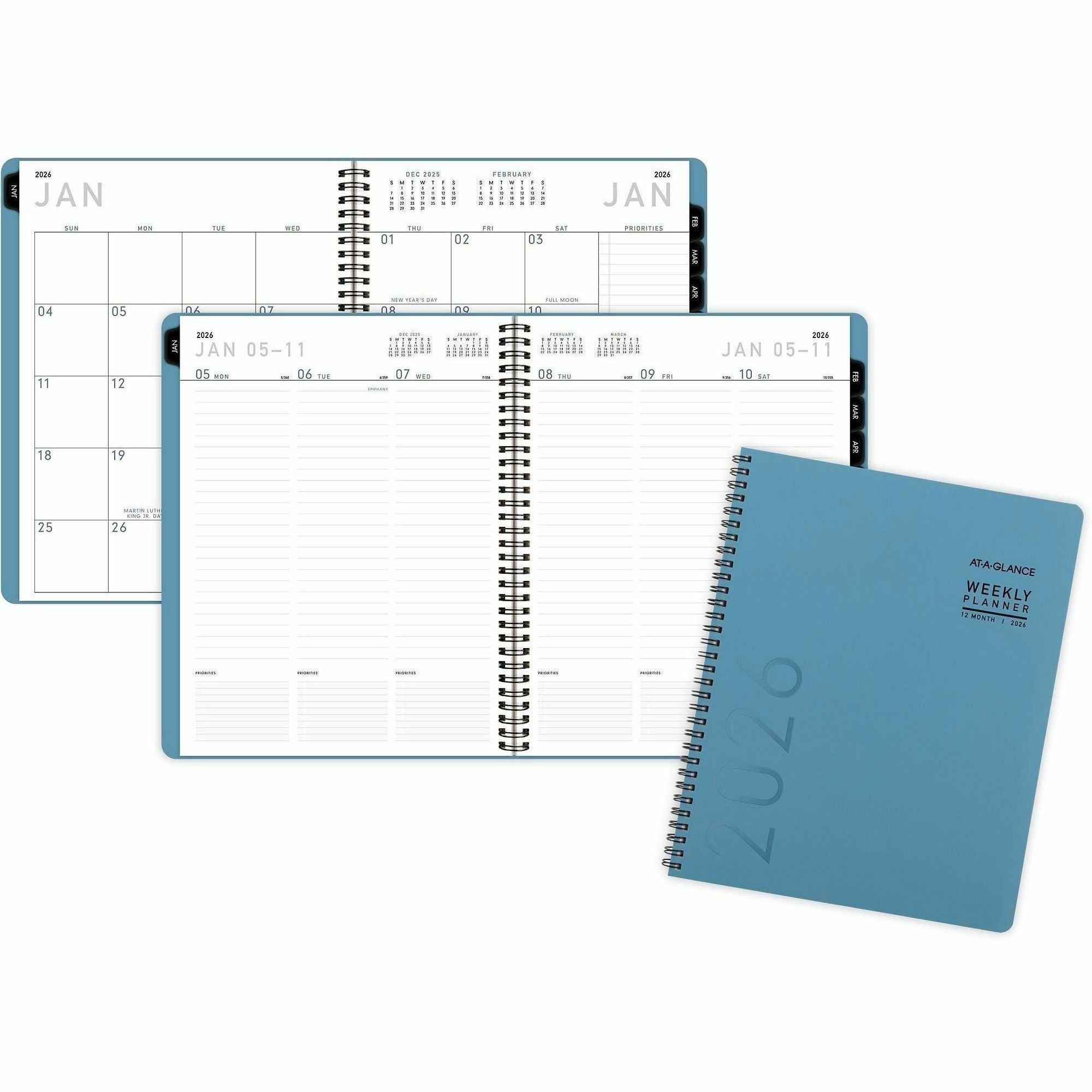 At-A-Glance Contemporary Lite Planner, Weekly/Monthly, 12 Months, January-December 2026, 8 1/4" x 11", Twin Wire, Mineral Blue Faux Leather Cover, 1 Each