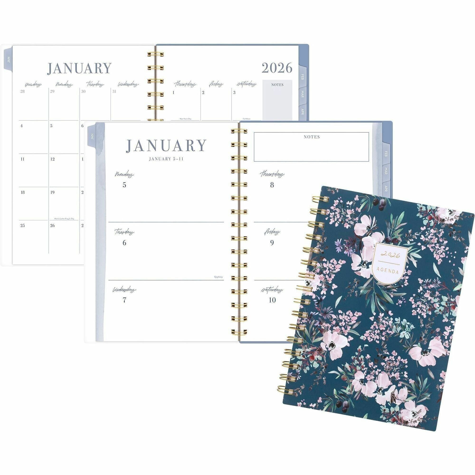 Cambridge Leah Bisch Weekly Monthly Planner, 12 Months, Jan-Dec 2026, 5.5" x 8.5", Twin Wire, Calista Floral Poly Cover, Tabbed, Double-sided Pocket, Sticker Sheet, 1 Each