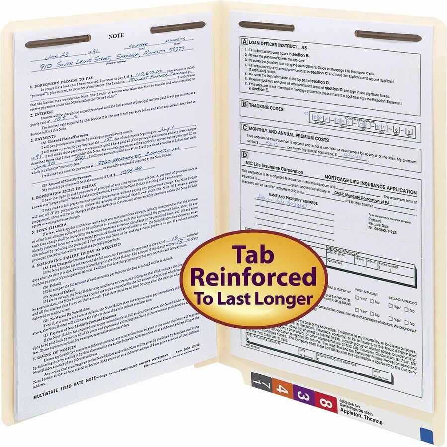 Smead Straight Tab Cut Legal Recycled Fastener Folder - 8 1/2" x 14" - 3/4" Expansion - 2 x 2B Fastener(s) - 2" for Folder - End Tab Location - 11 pt. - 2 Plys - Manila - Embossed - 10% Recycled - 50 / Box
