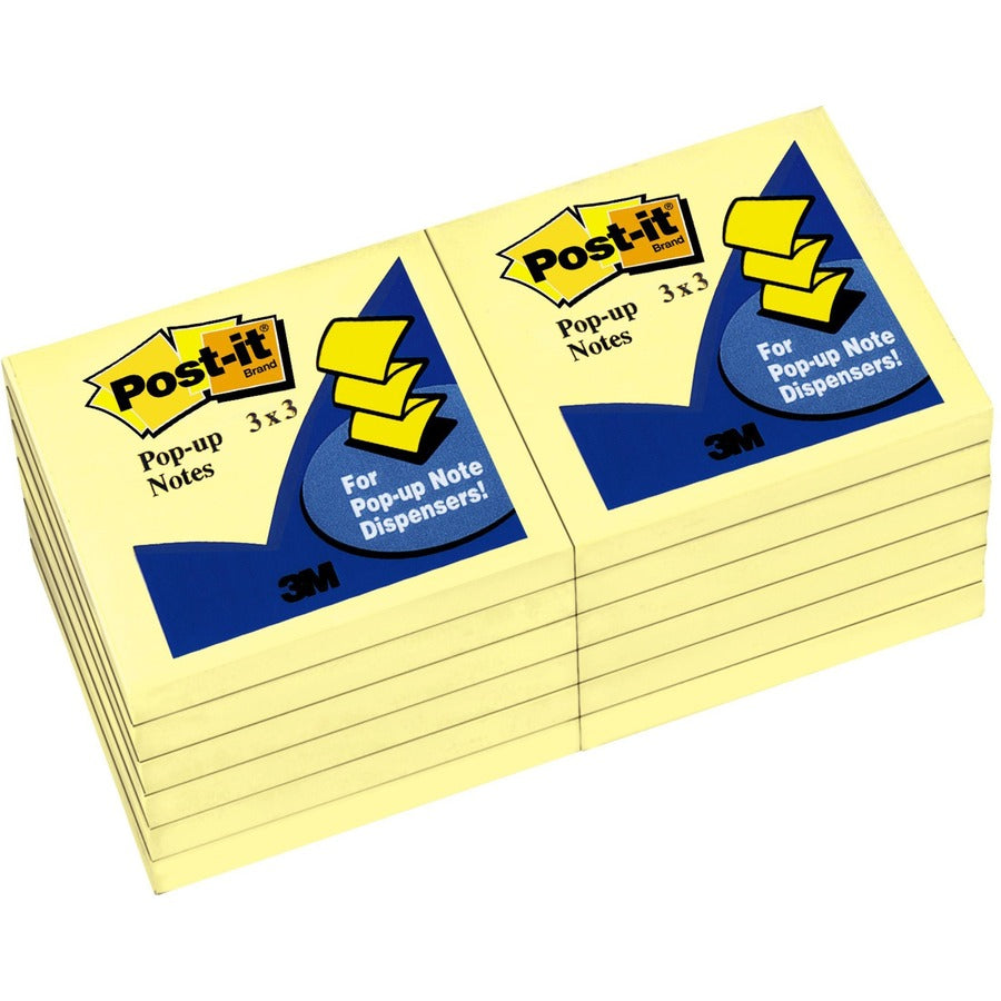 Post-it&reg; Pop-up Notes - 100 - 3" Flag/Note Width x 3" Flag/Note Length - Square - 100 Sheets per Pad - Unruled - Canary Yellow - Paper - Self-adhesive, Repositionable - 1 Pad