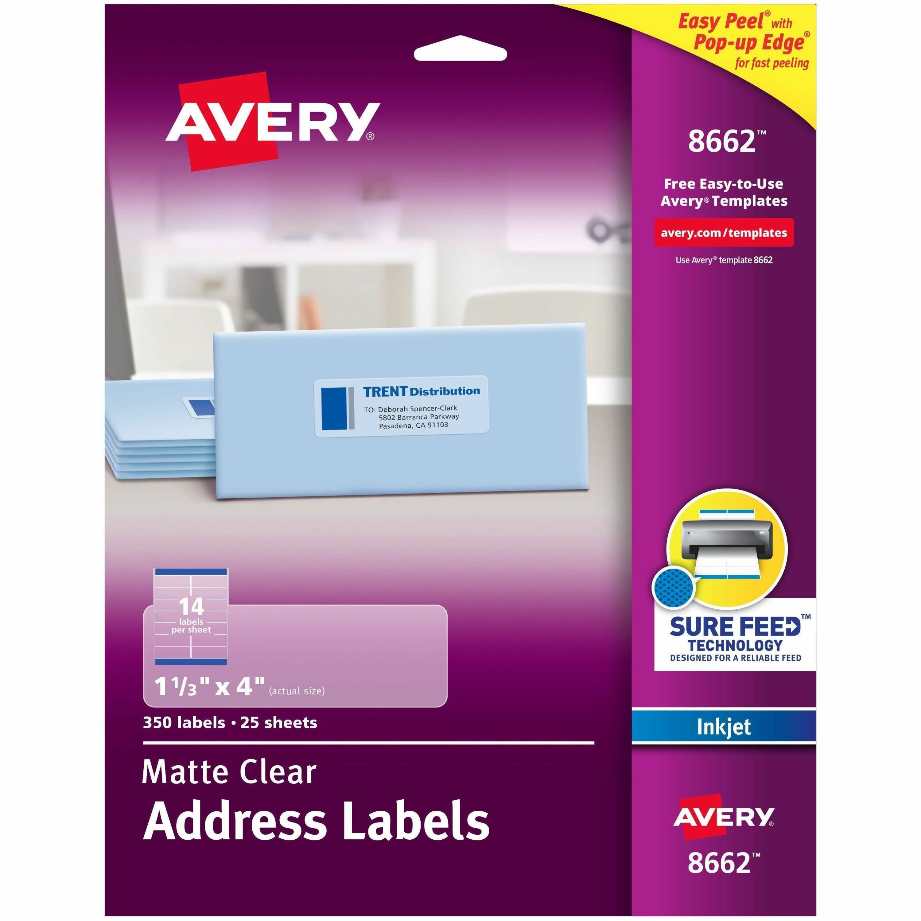 Avery Easy Peel Inkjet Printer Mailing Labels, Clear, 1 21/64" x 4", Rectangle, Permanent Adhesive, Matte Film, 14 Labels/Sheet, 25 Sheets, 350 Labels/Pack