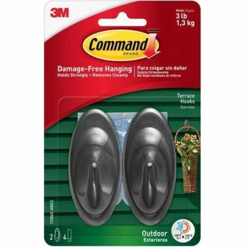 Command Hook - 2 Hooks - 3 lb (1.36 kg) Capacity - Reusable - Adhesive - Medium - for Wood, Glass, Tile, Metal, Decoration, Wreath, Sign, Thermometer, Artwork, Lighting Equipment, Terrace - Water Resistant, UV Resistant - Plastic - 2 / Pack