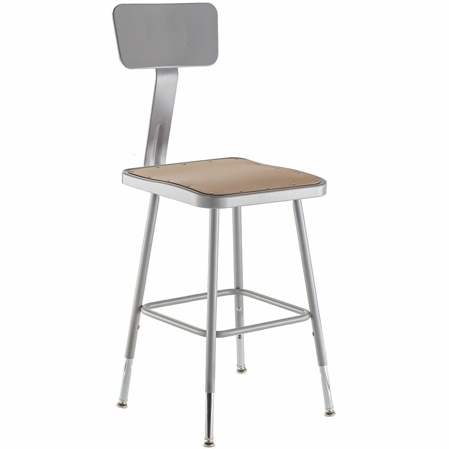 NPS® 19"-27" Height Adjustable Heavy Duty Square Seat Steel Stool with Backrest, Surface Color: Masonite Wood, Frame Color: Grey