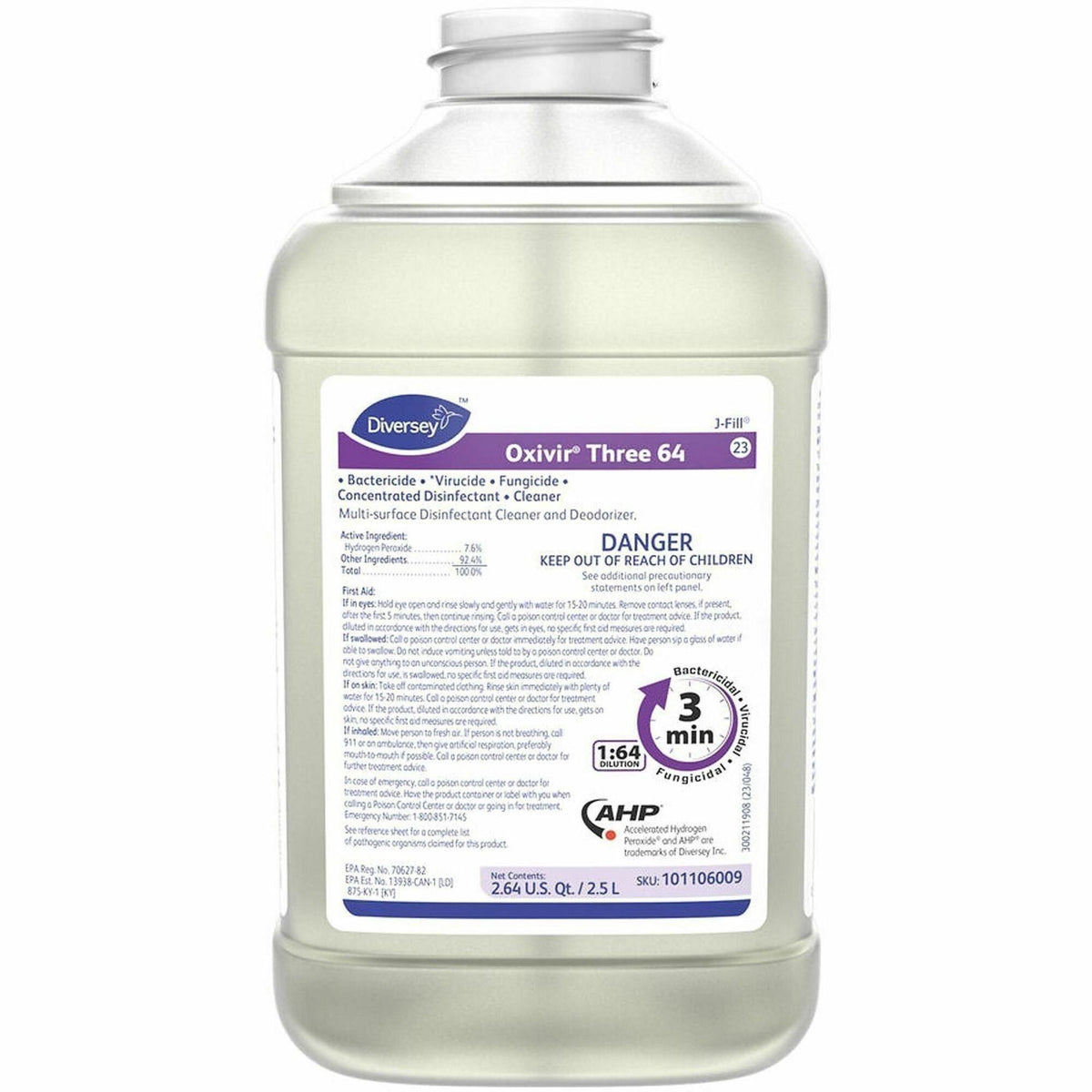 Diversey Oxivir Three 64 - For Nonporous Surface, Hard Surface, Multi Surface, Multipurpose, Hotel - Concentrate - Liquid - 84.5 fl oz (2.6 quart) - Disinfectant, Virucidal, Bactericide, Fungicide, Mildewstatic - Clear