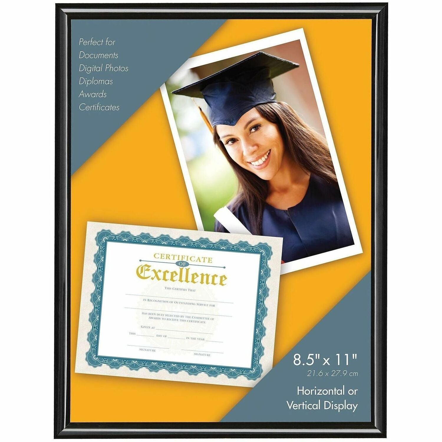 8.50" x 11" Frame Size - Holds 8.50" x 11" Insert - Desktop, Tabletop - Durable, Dust Resistant, Easel Back, Sturdy - Plastic - Black - 1 Each