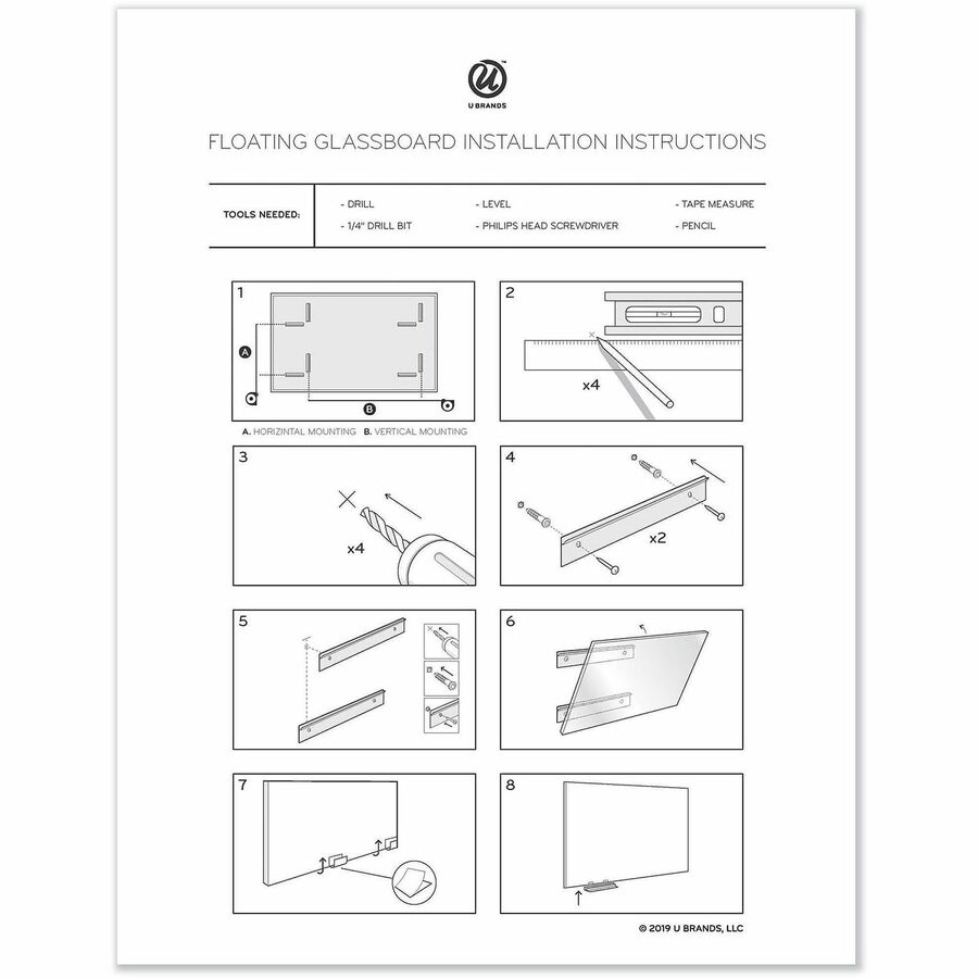 U Brands Dry Erase Board - 72" (6 ft) Width x 36" (3 ft) Height - White Glass, Tempered Glass Surface - Horizontal/Vertical - Frameless, Stain Resistant, Ghost Resistant - 1 Each