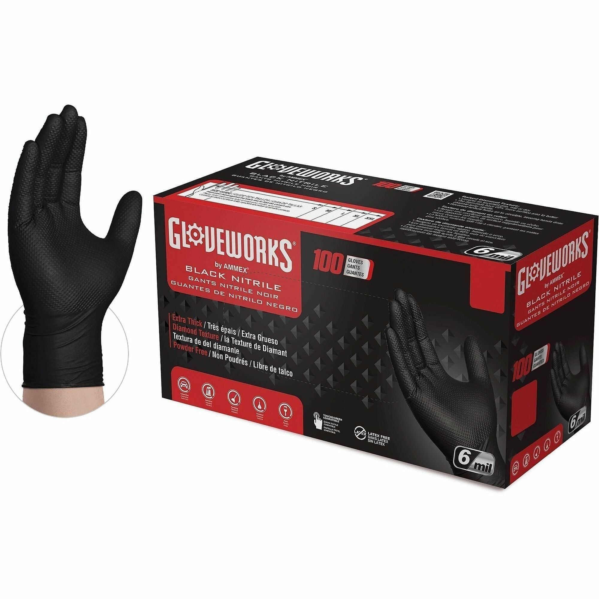 Gloveworks Powder-Free Industrial RDT Nitrile Gloves - 6 mil Thickness x 18.26" Glove Length - Grime, Dirt, Snag Protection - Polymer Coating - Medium Size - 10 Boxes/Case - 10 / Box
