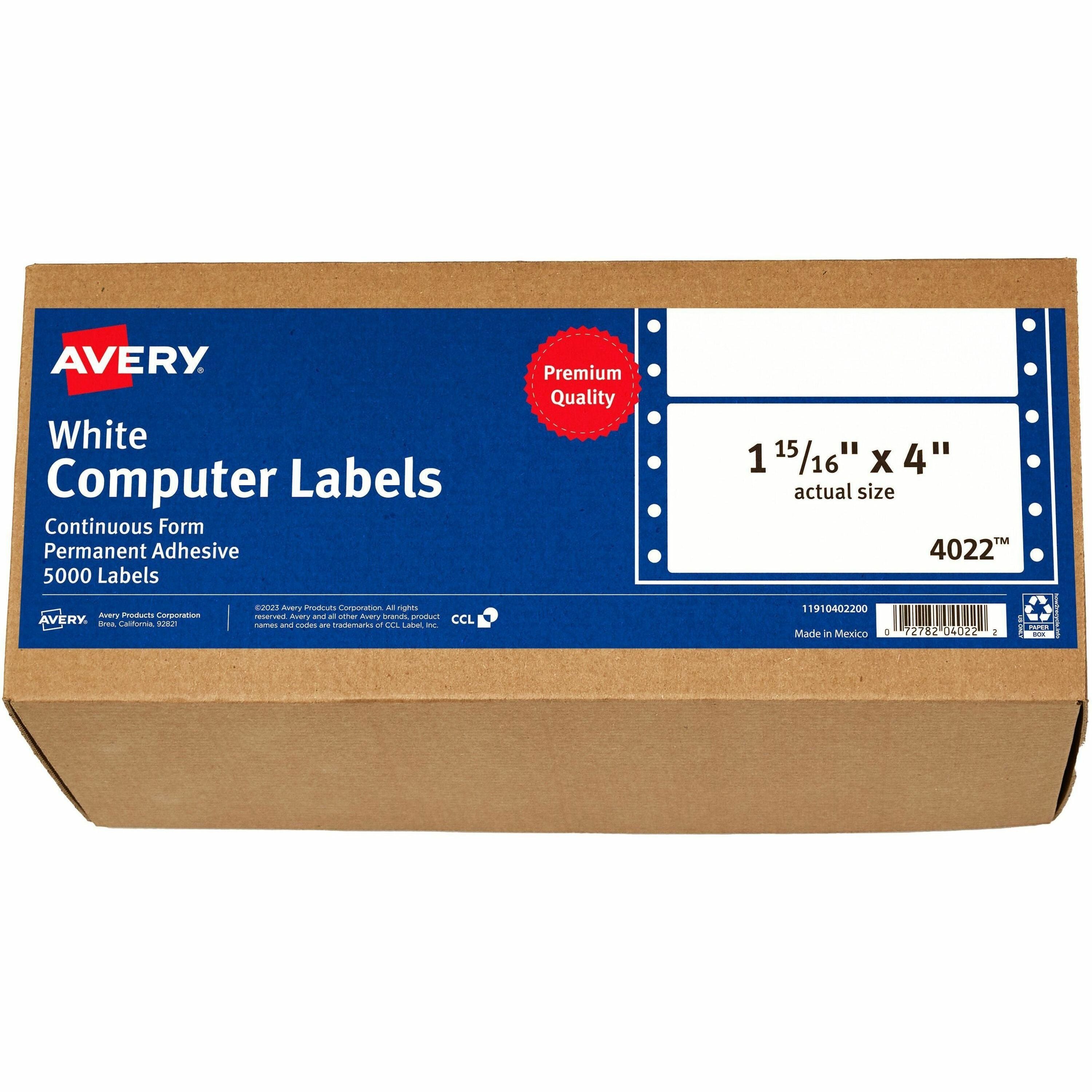 Avery&reg; Address Label - 1 15/16" Width x 4" Length - Permanent Adhesive - Dot Matrix - White - Permanent Adhesive, Stick & Stay - 1 / Sheet - 5000 Total Label(s) - 5000 / Box