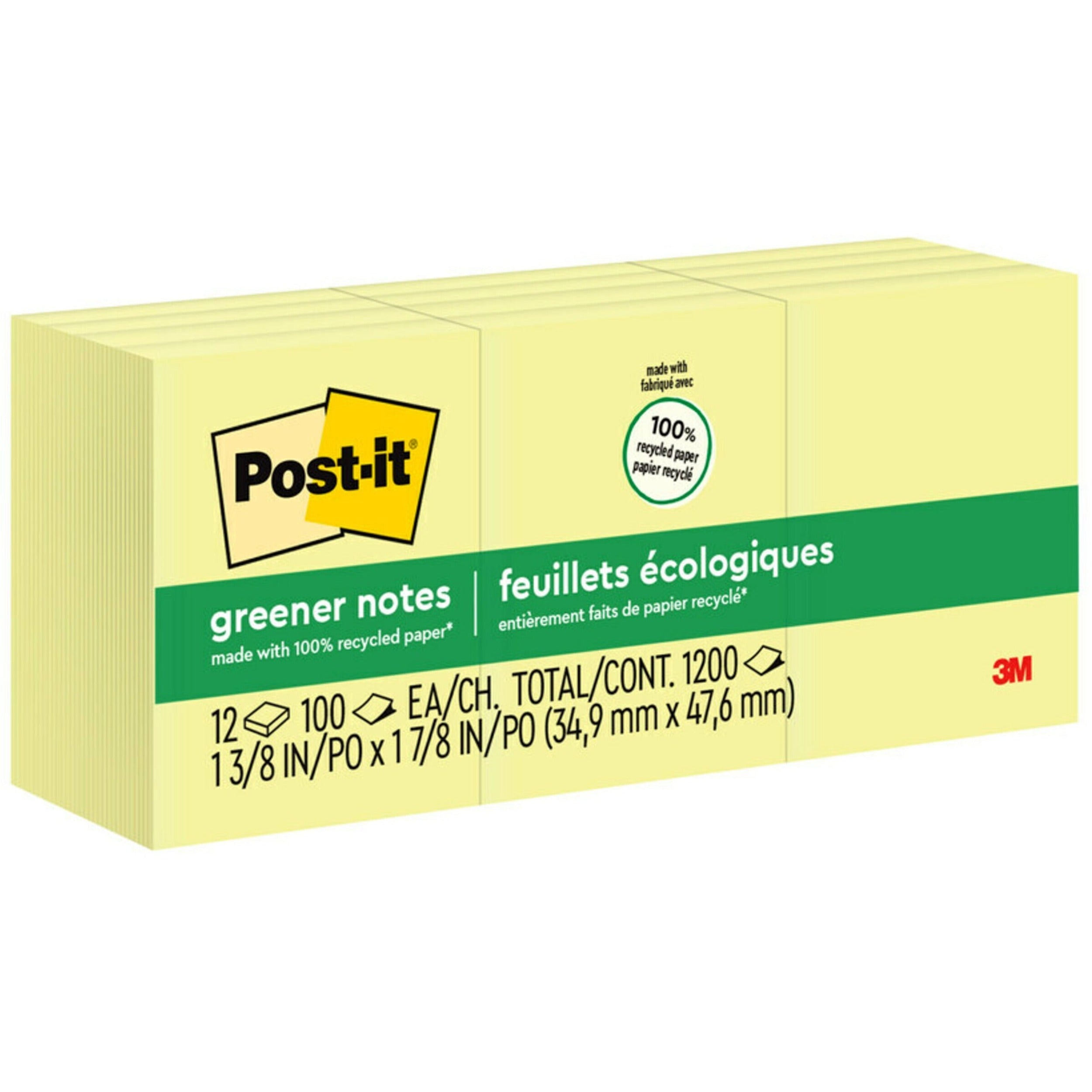 Post-it&reg; Greener Notes - 1200 - 1 1/2" Flag/Note Width x 2" Flag/Note Length - Rectangle - 100 Sheets per Pad - Unruled - Yellow - Paper - Self-adhesive, Repositionable - Recycled - 1 Pack