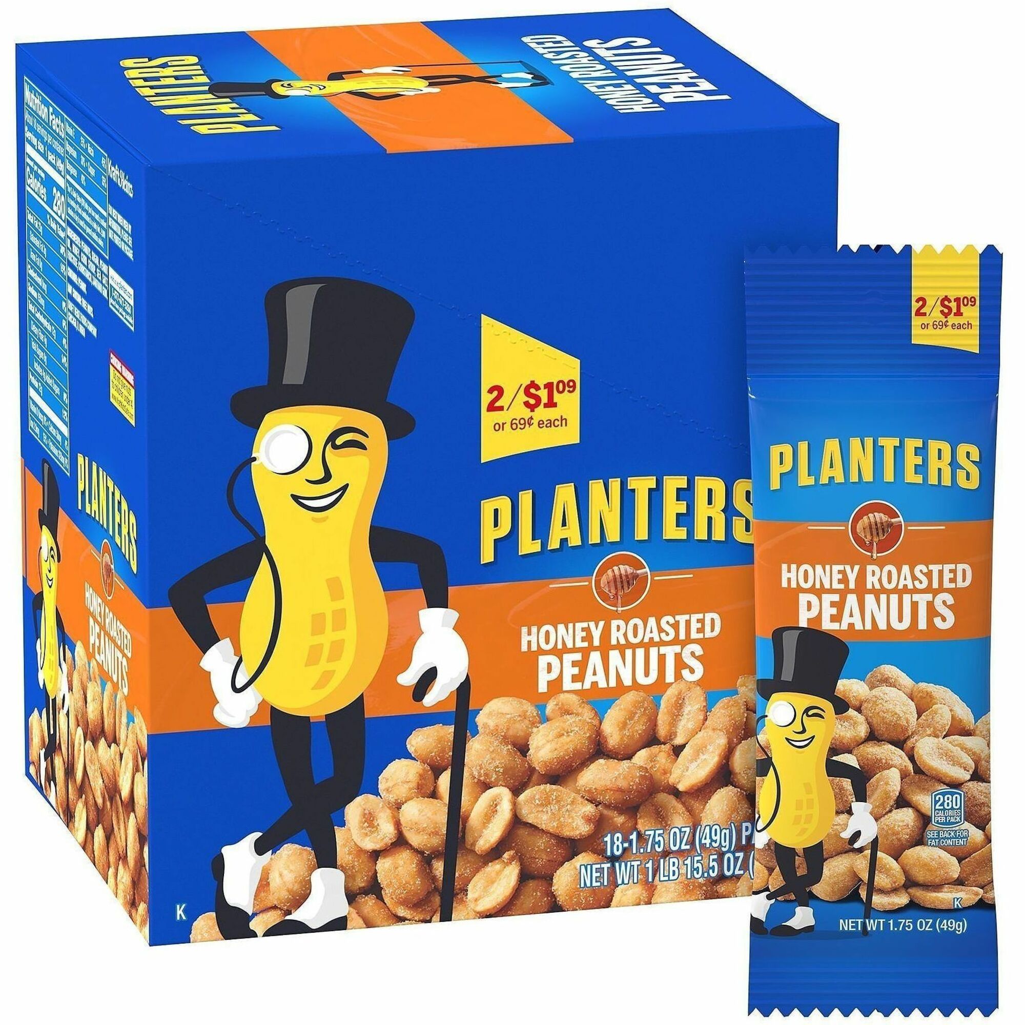 Green Rabbit Planters Roasted Peanuts Snack Packs - Cholesterol-free - Honey Roasted Peanut - 1.75 oz - 18 / Carton