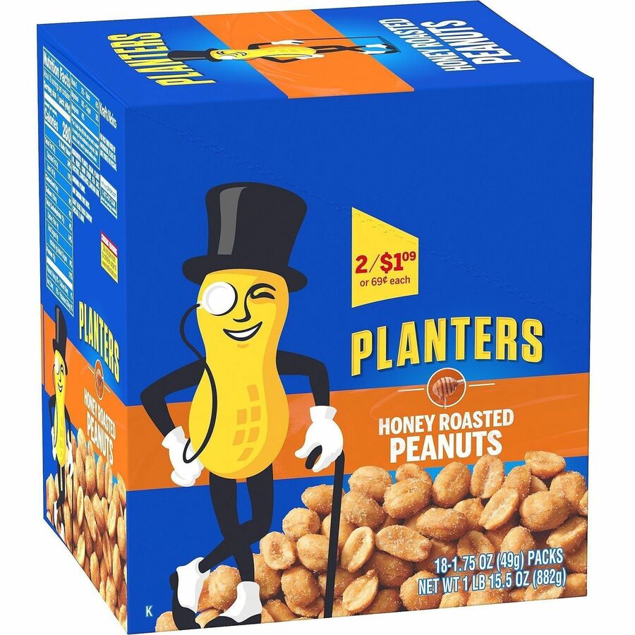 Green Rabbit Planters Roasted Peanuts Snack Packs - Cholesterol-free - Honey Roasted Peanut - 1.75 oz - 18 / Carton