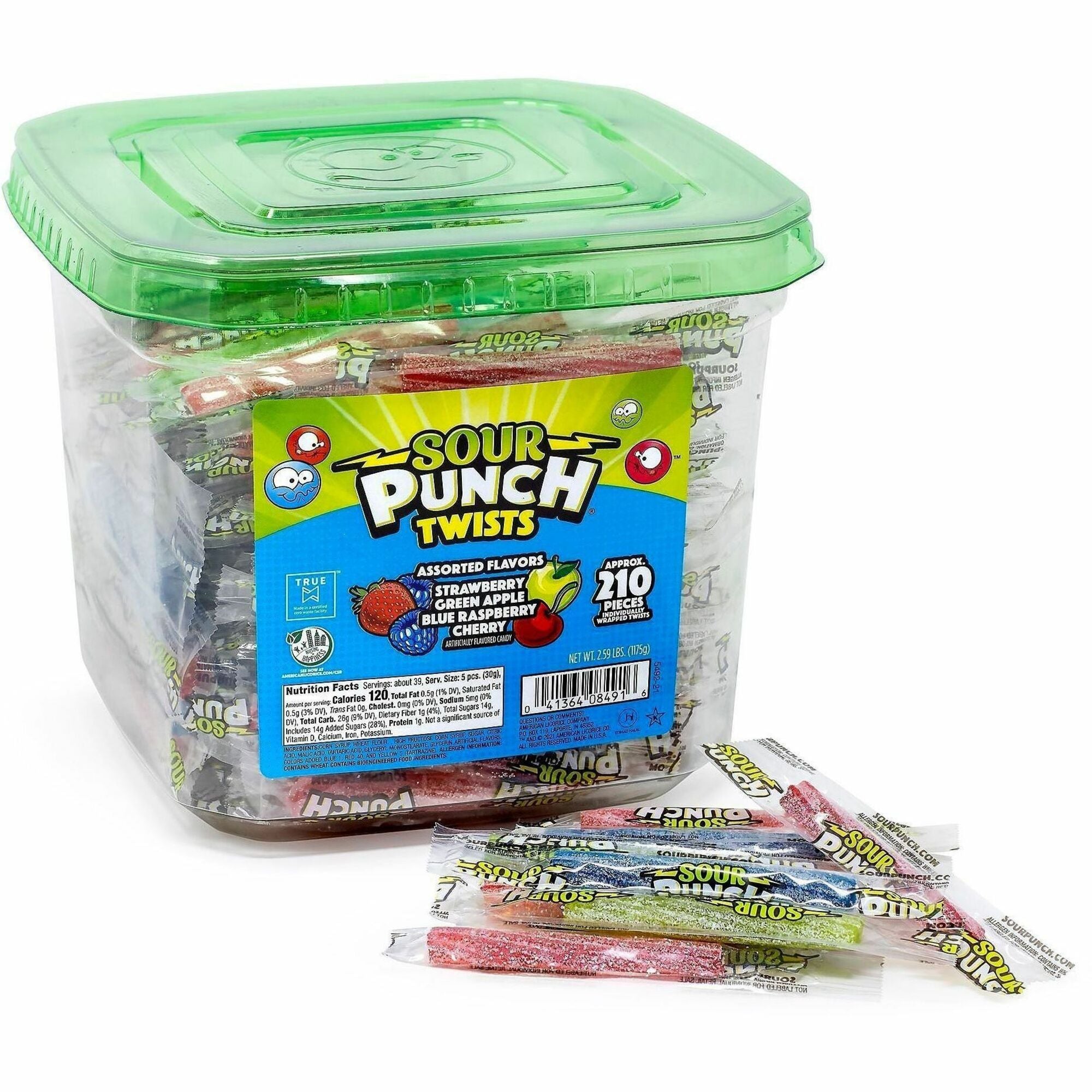 Green Rabbit Sour Punch Twists - Fruit, Cherry, Watermelon, Apple, Blueberry - Individually Wrapped - 210 / Carton