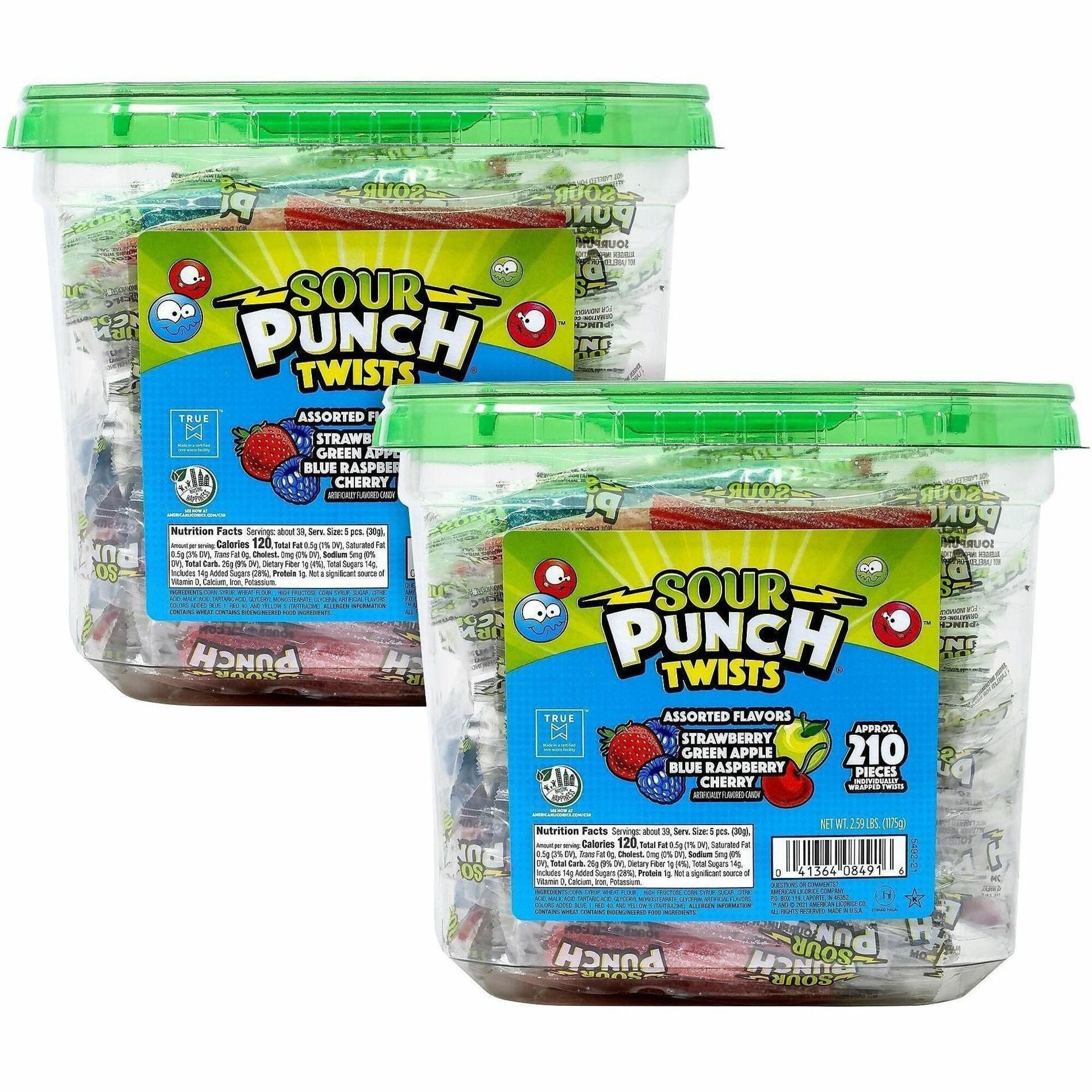 Green Rabbit Sour Punch Twists, Fruit Flavors, Individually Wrapped, 210 Pieces per Tub, 2 Tubs per Carton
