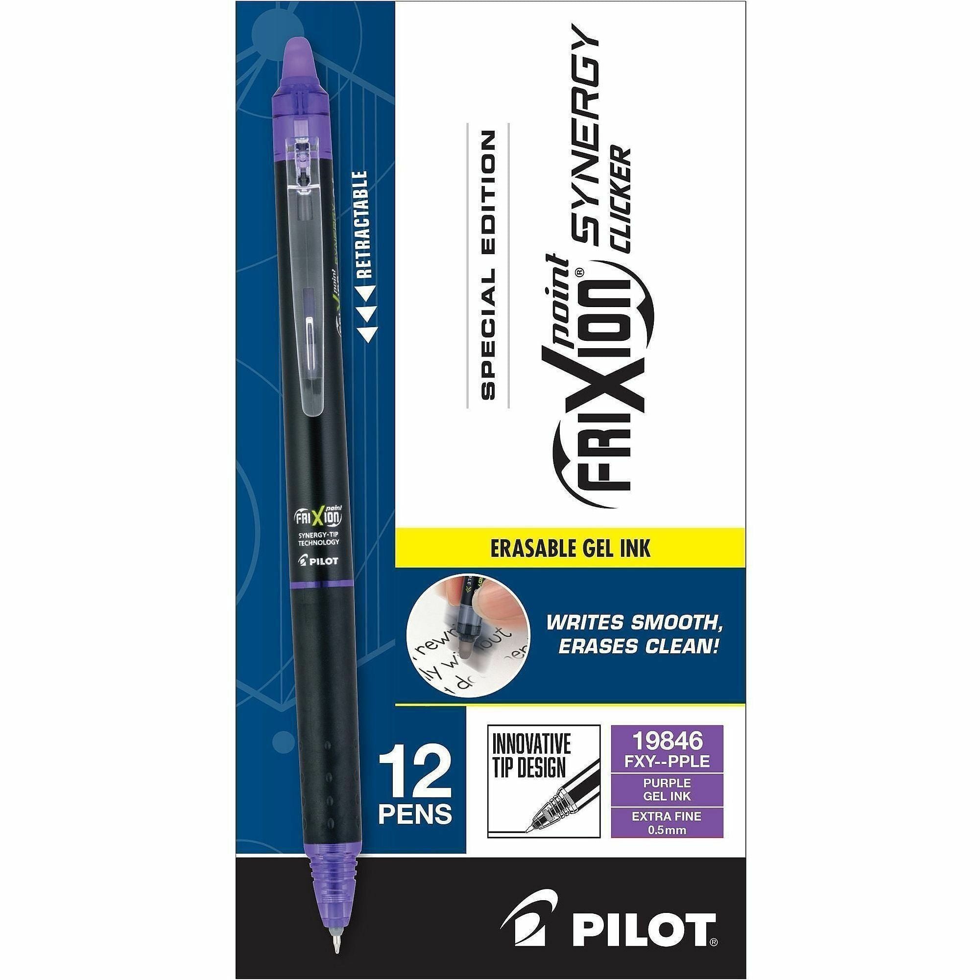 FriXion Synergy Clicker Erasable Gel Pen, 0.5 mm Extra Fine, Purple Ink, Refillable, Retractable, 1 Dozen