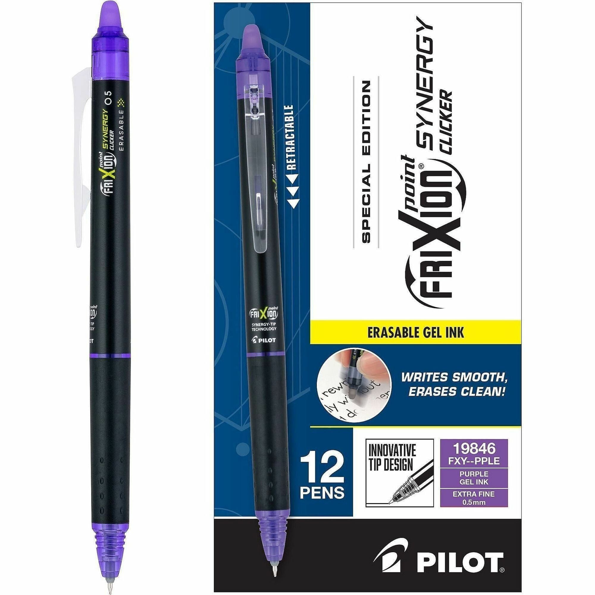 FriXion Synergy Clicker Erasable Gel Pen, 0.5 mm Extra Fine, Purple Ink, Refillable, Retractable, 1 Dozen